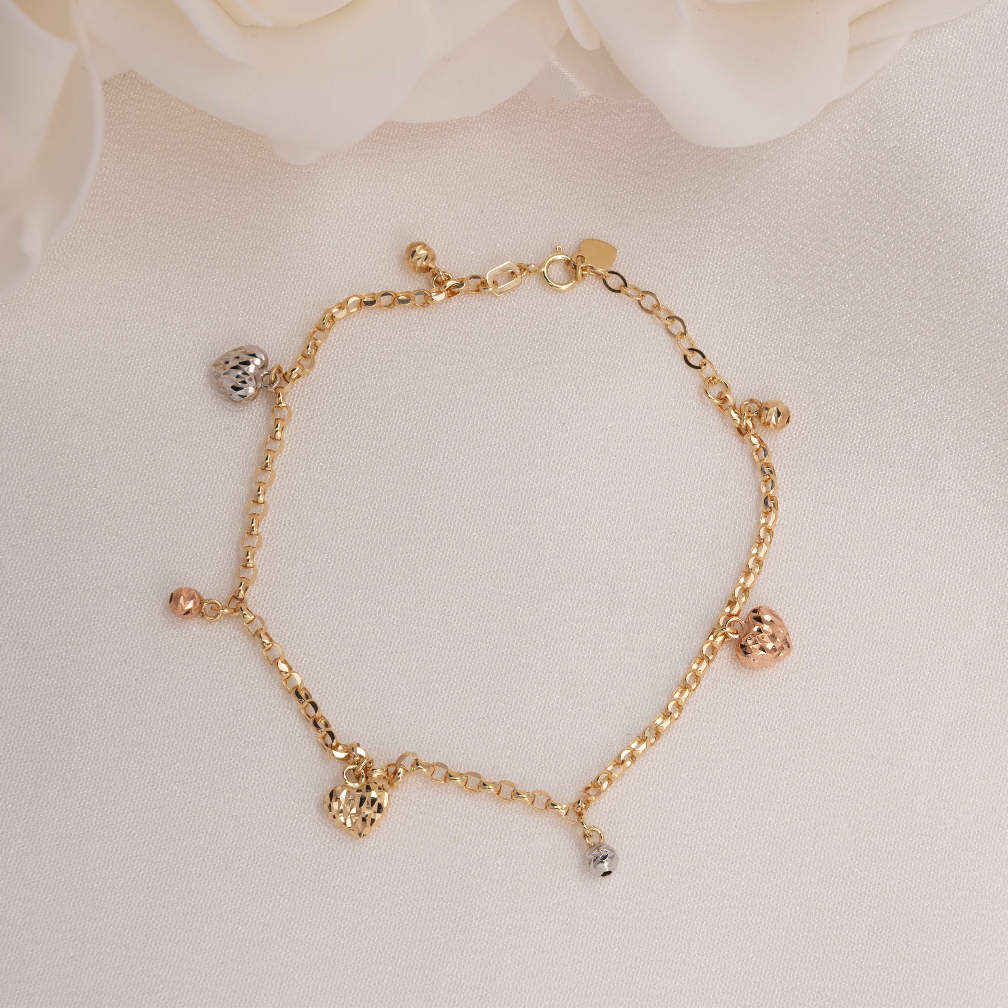 14k Tricolor Multi Heart Charm Bracelet