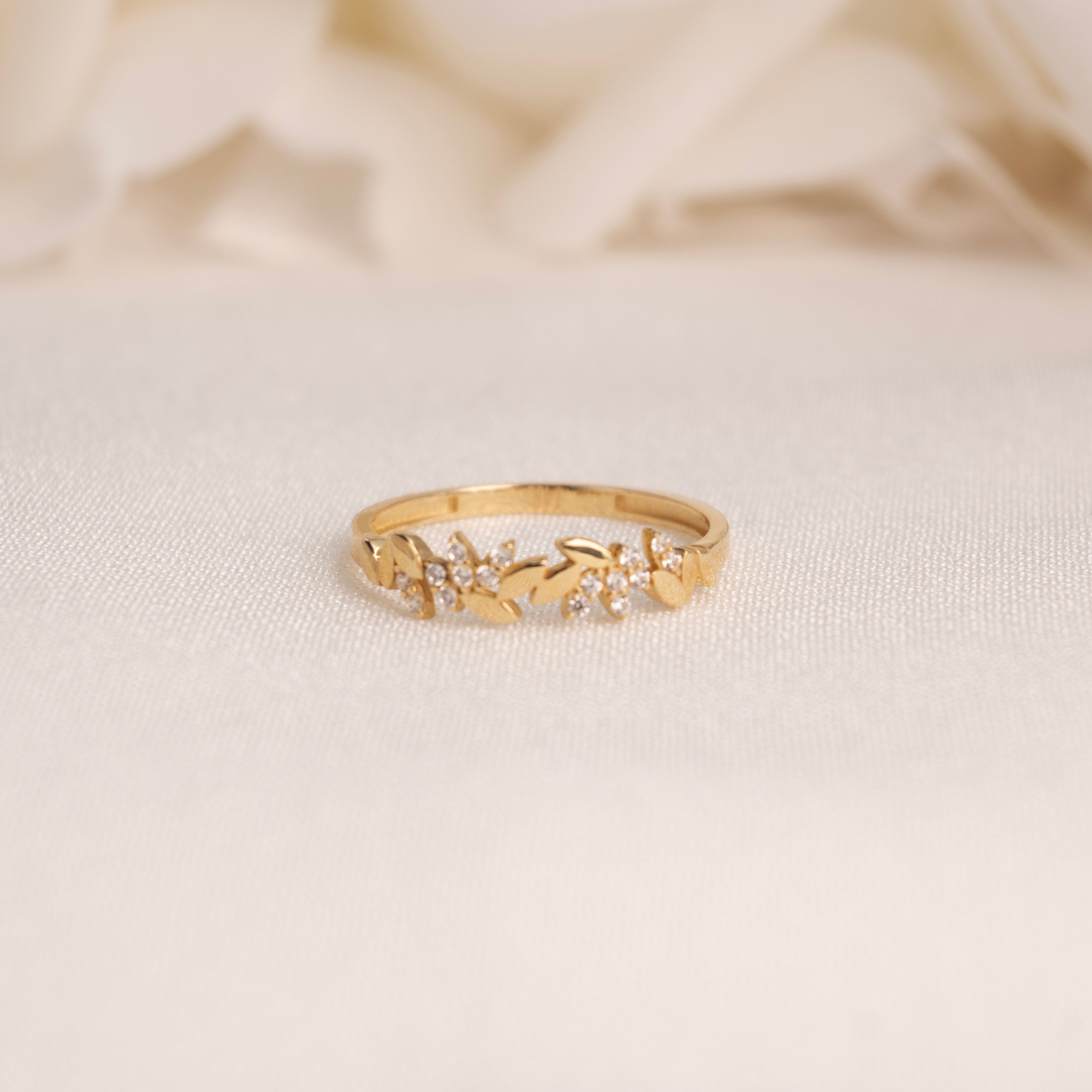 Solid 14K Gold Leaves CZ Ring