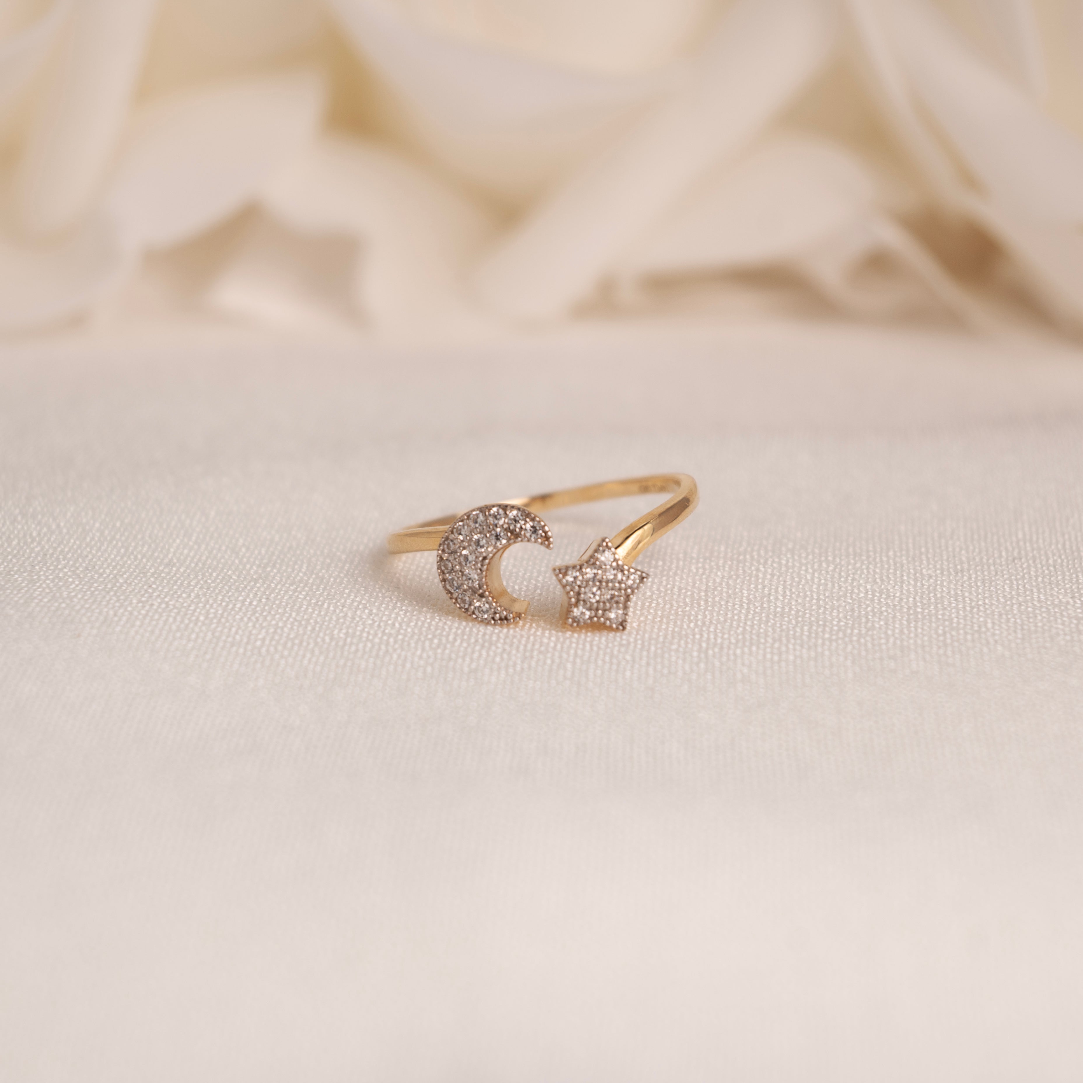 14k Moon & Star CZ Ring