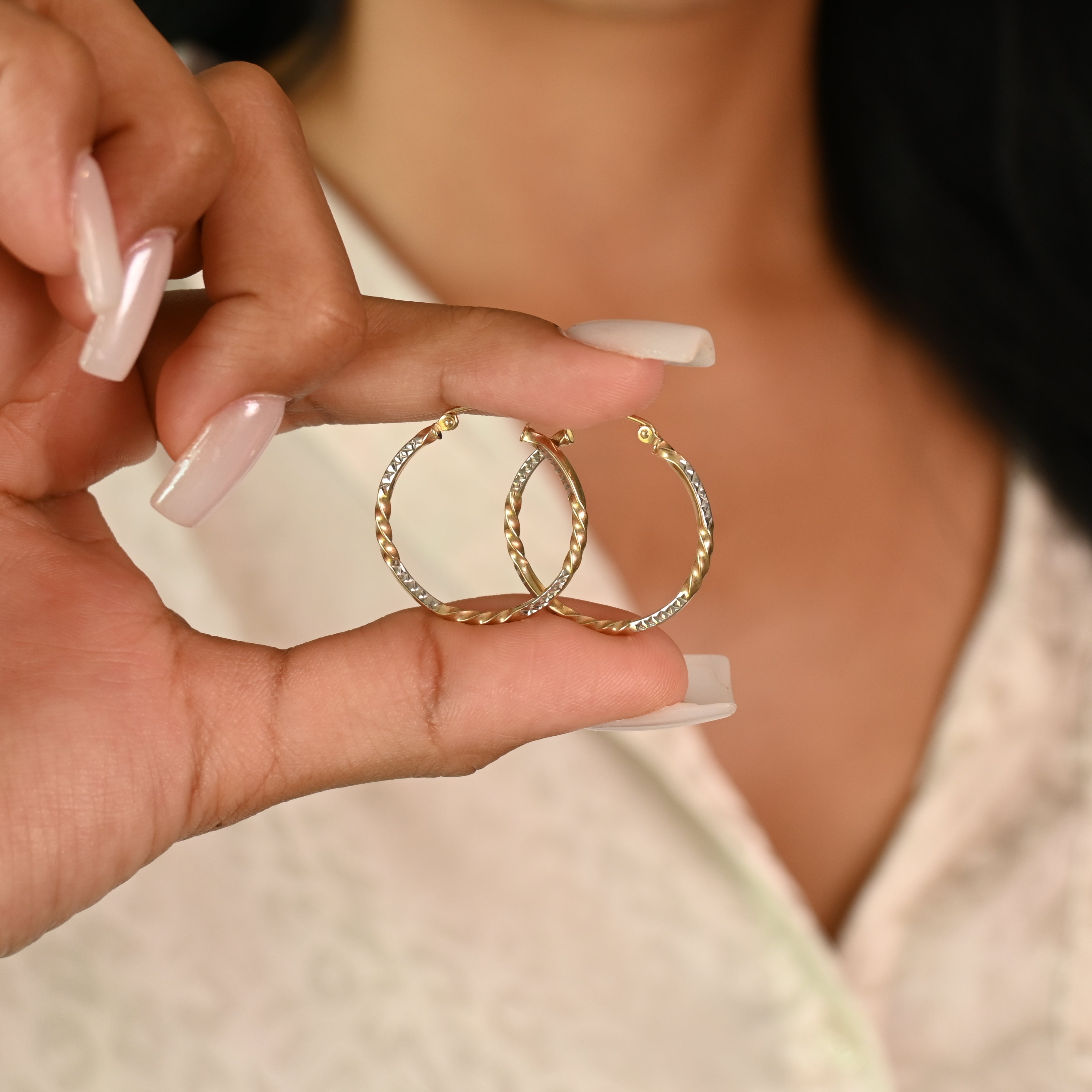 Thin 14k 2 tones Twisted Hoop Earrings