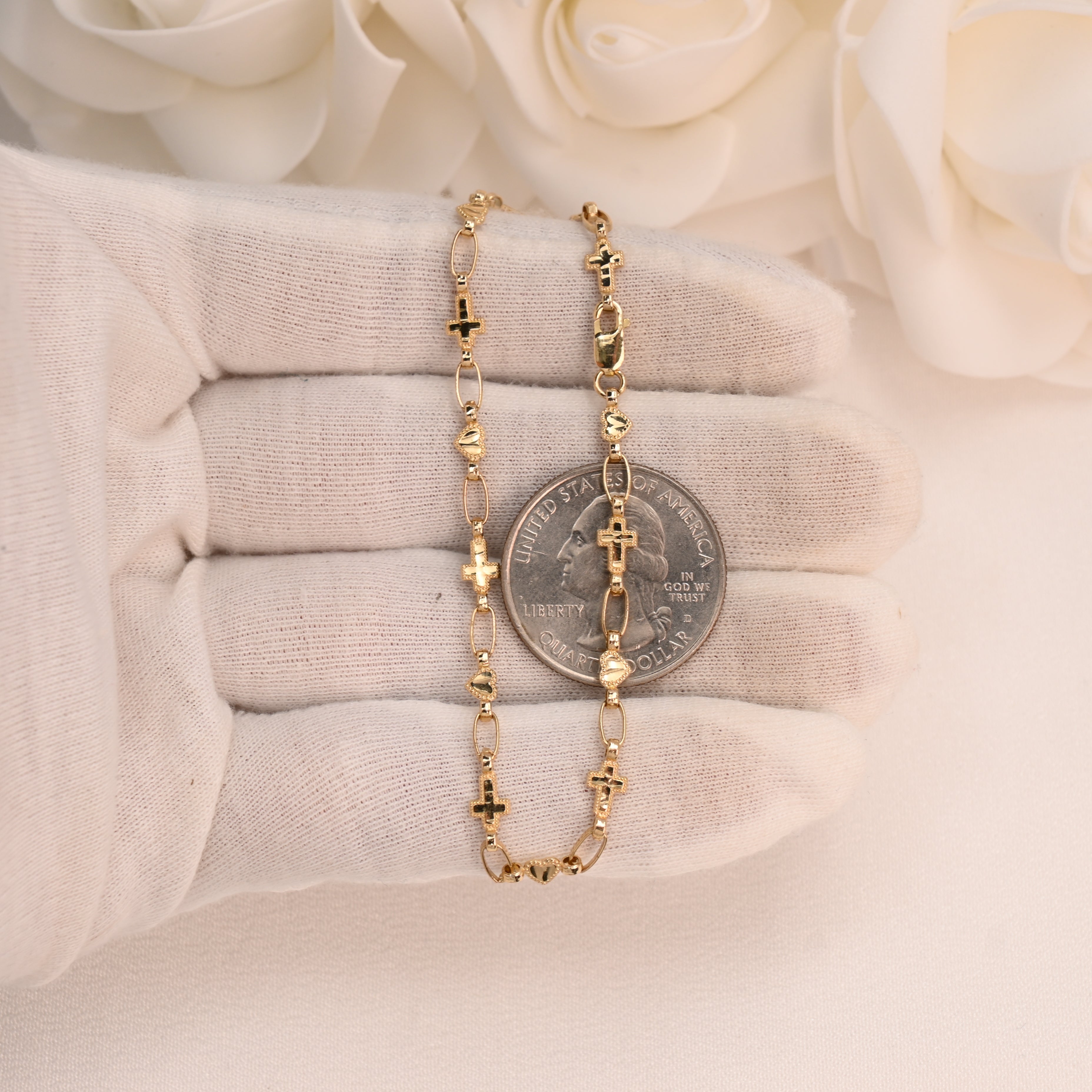 14k Hearts & Cross Diamond Cut Bracelet