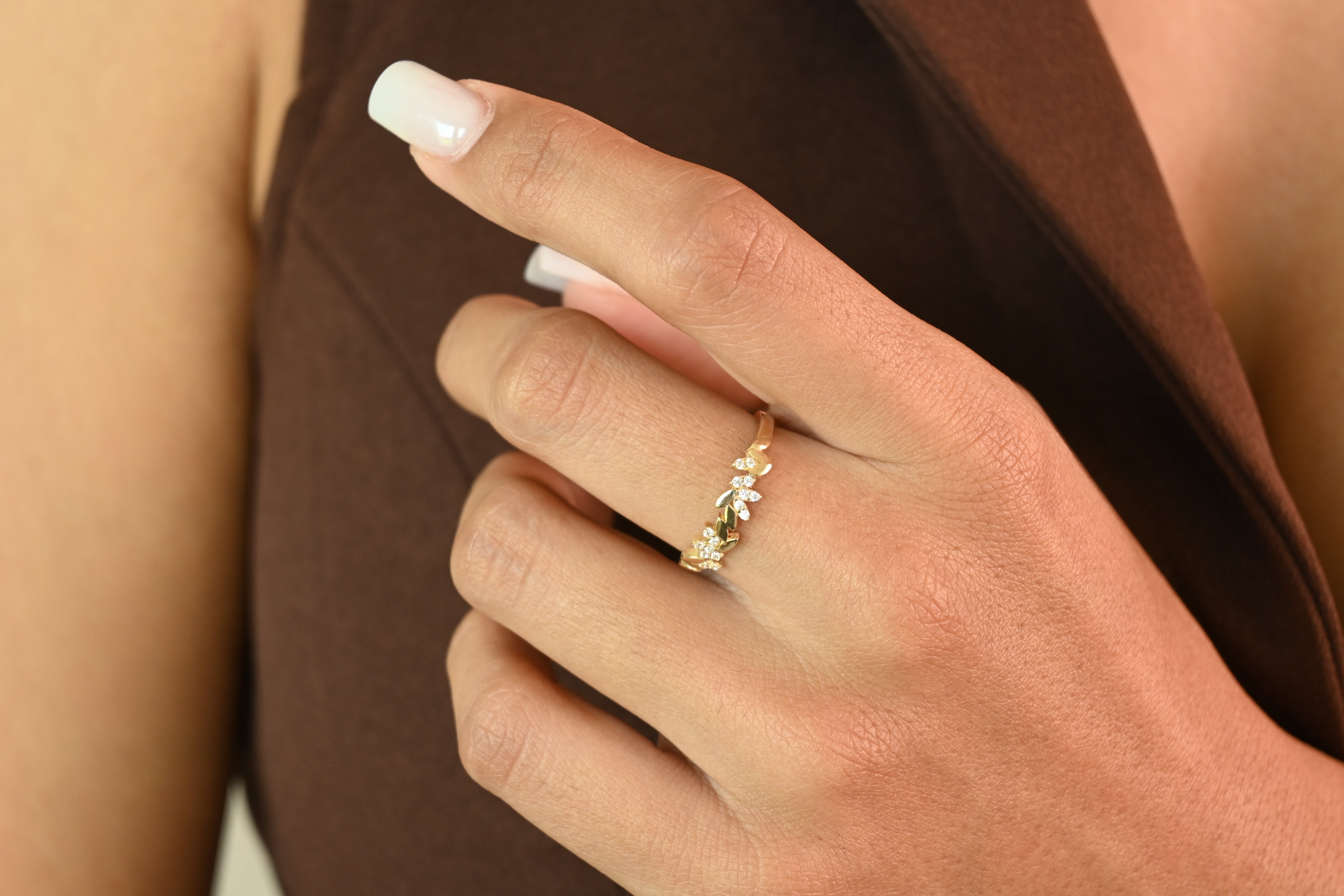Solid 14K Gold Leaves CZ Ring