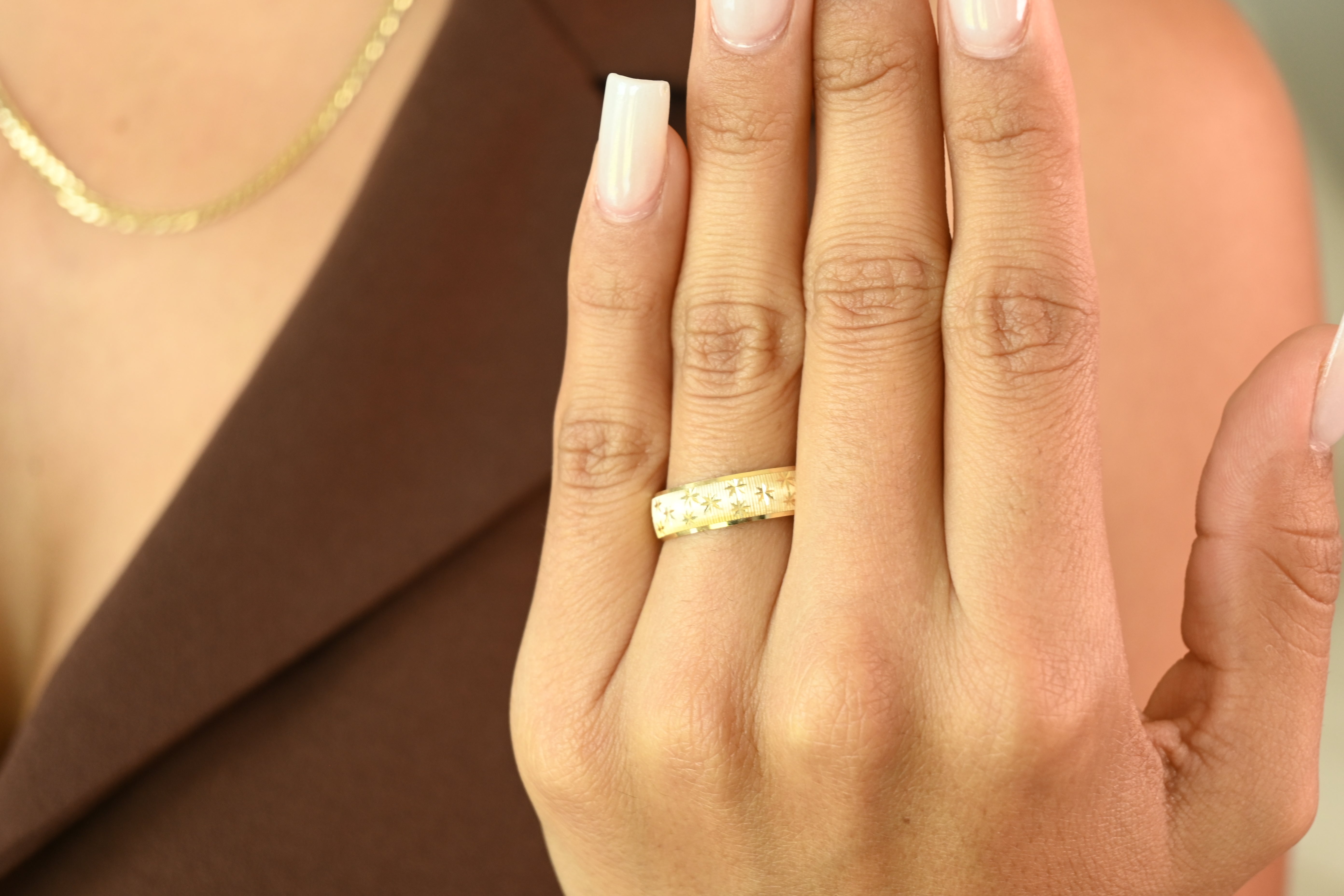 14k Star Diamond Cut Wedding Band -  6MM