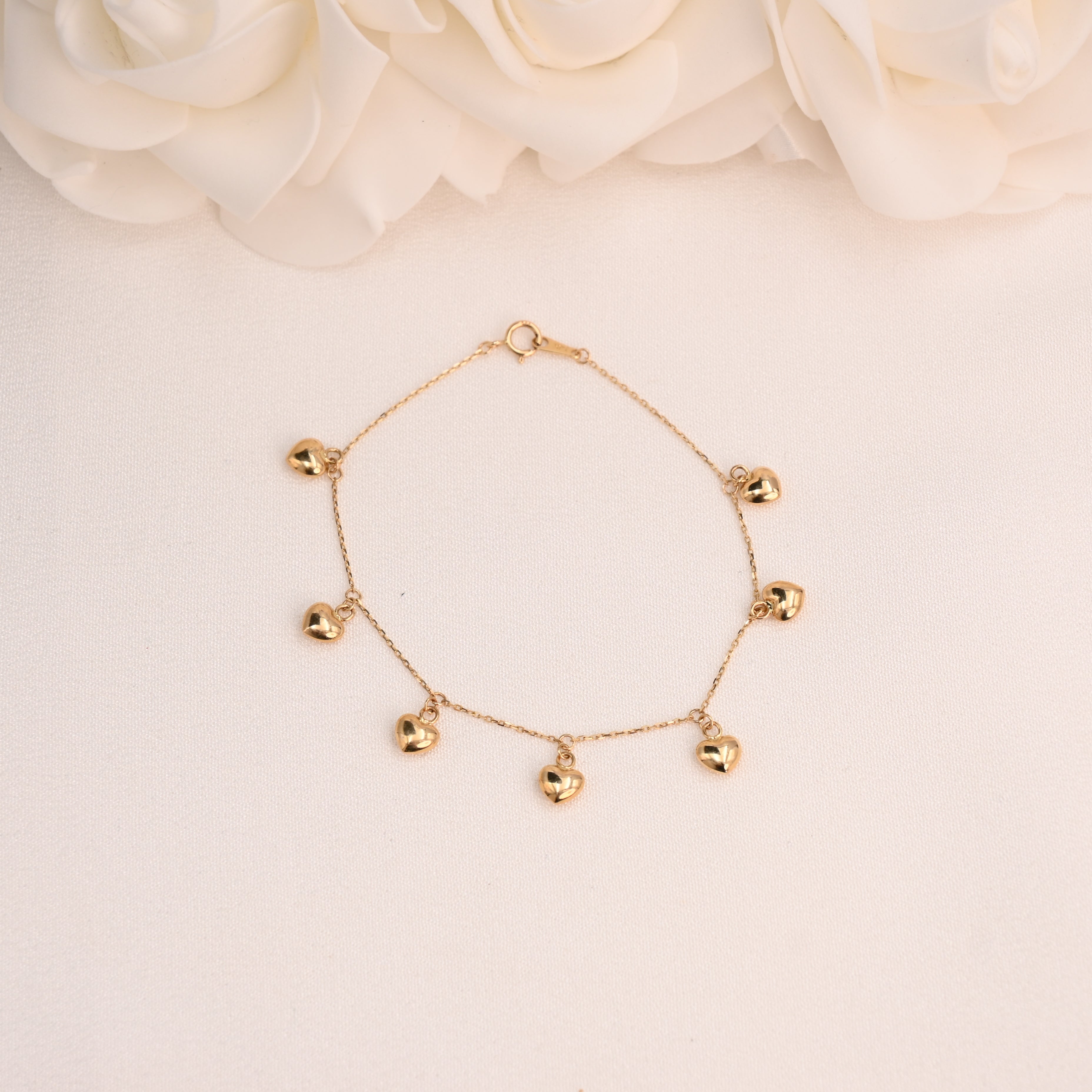 14k Dainty Hanging Hearts Bracelet