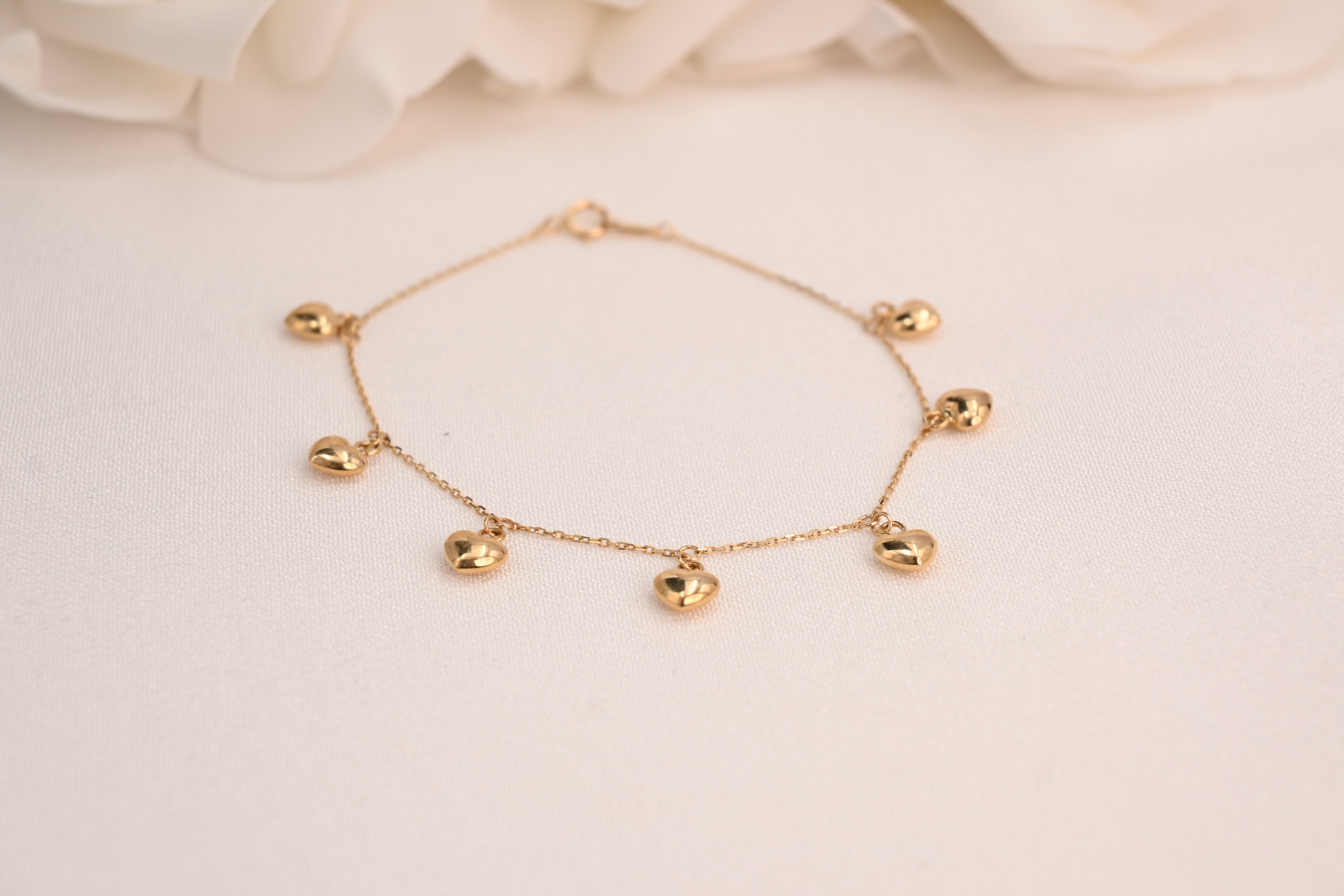 14k Dainty Hanging Hearts Bracelet