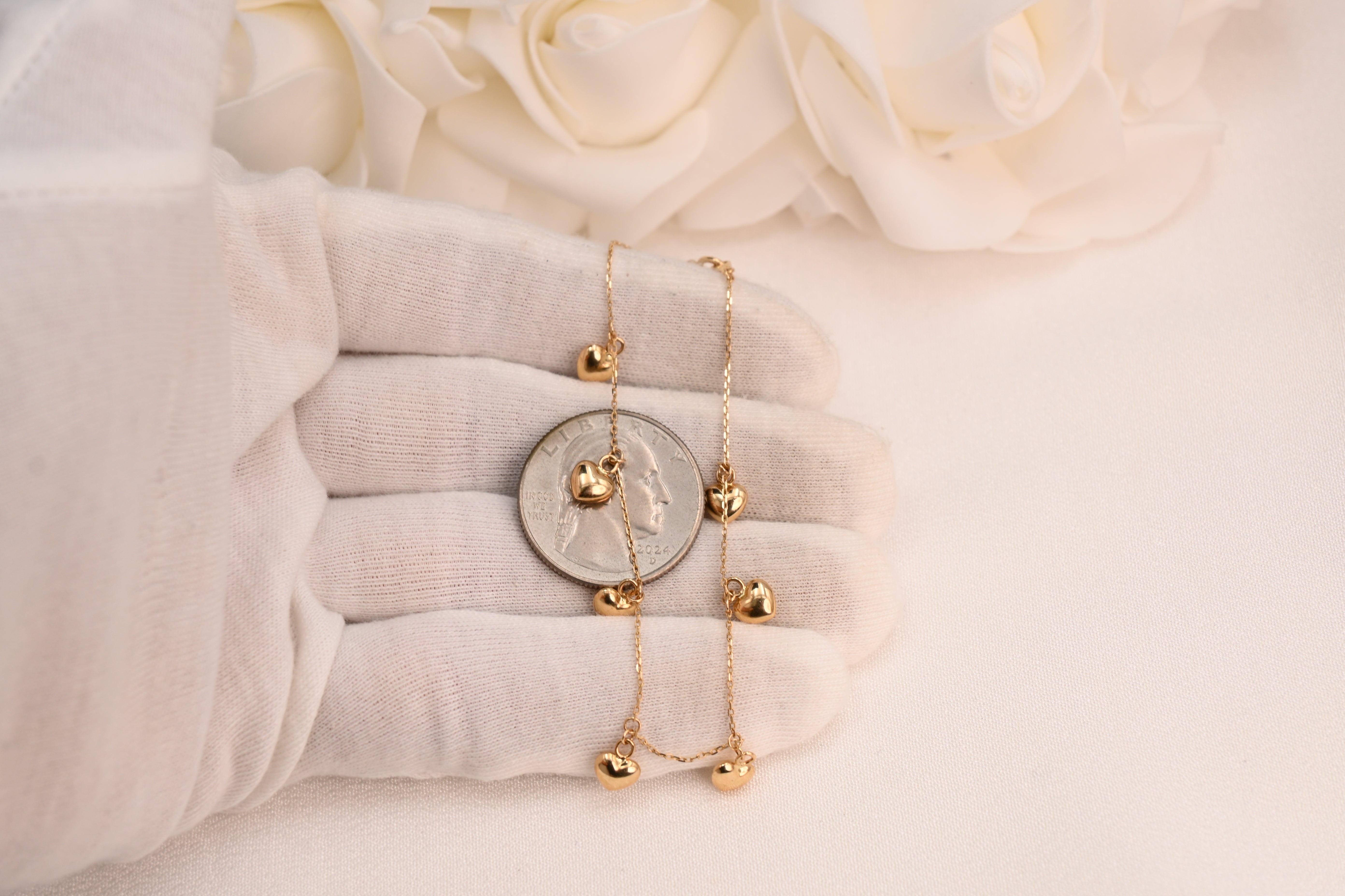 14k Dainty Hanging Hearts Bracelet