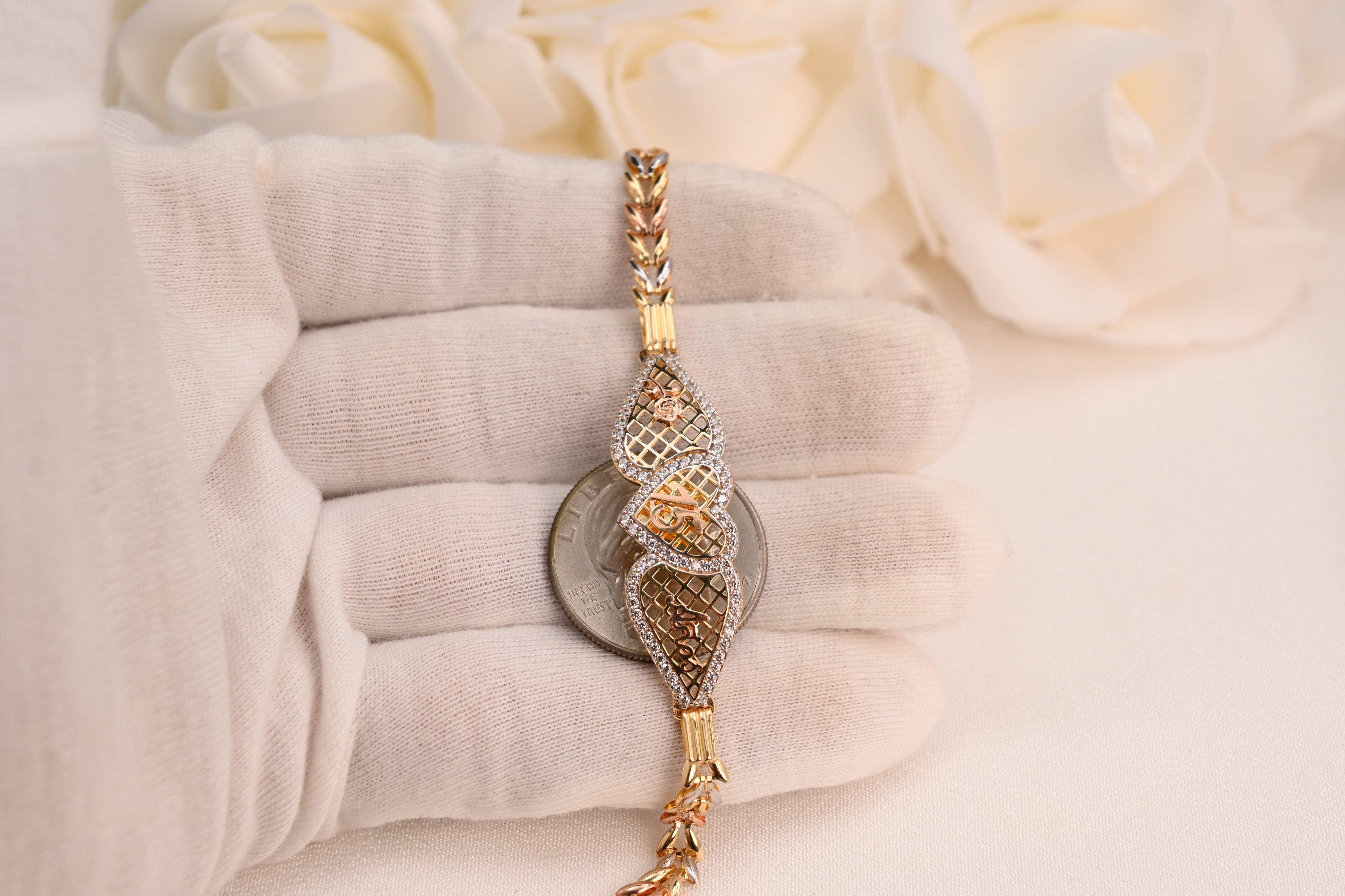 14k Tricolor Quinceañera Heart Bracelet
