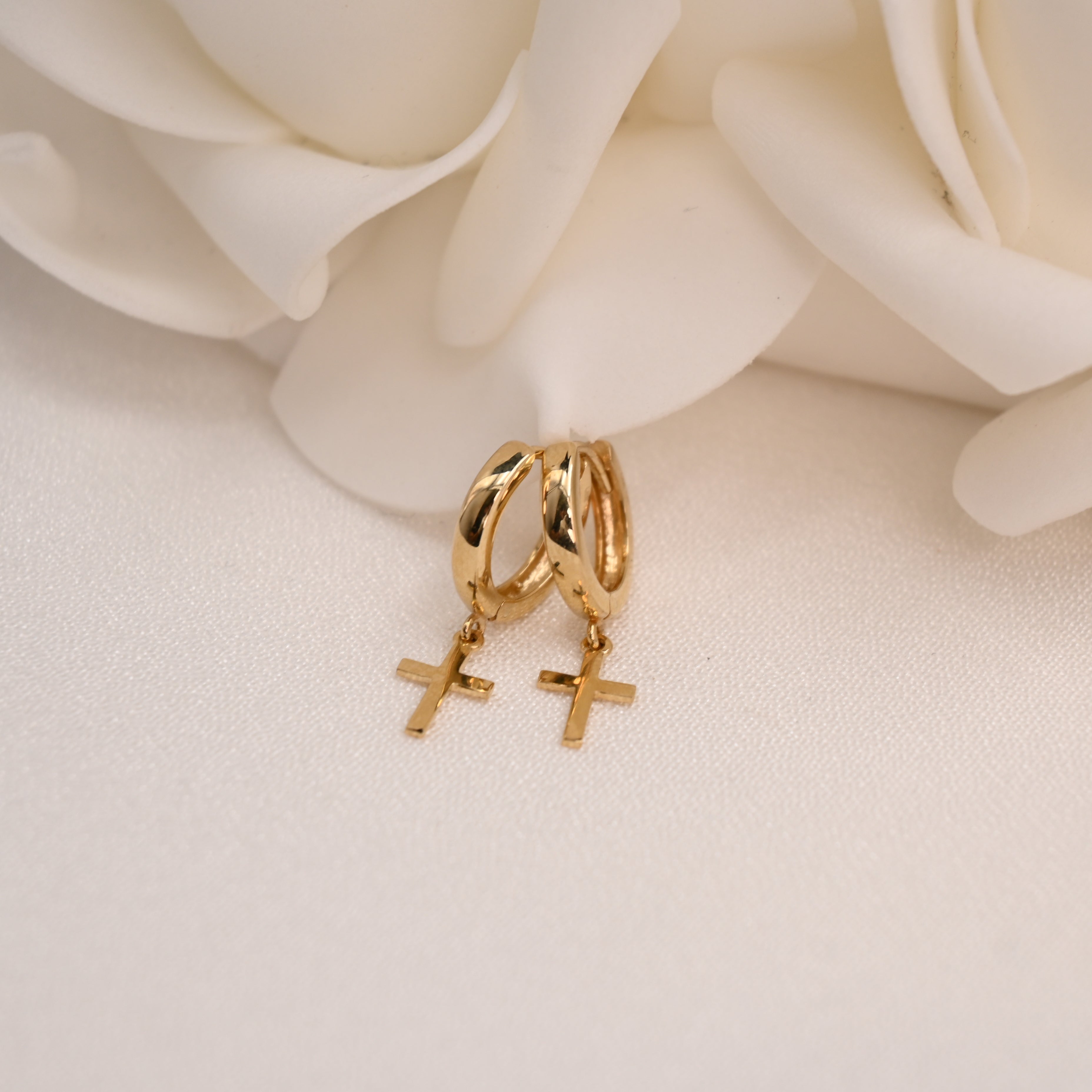 14k Hanging Cross Huggie Earrings