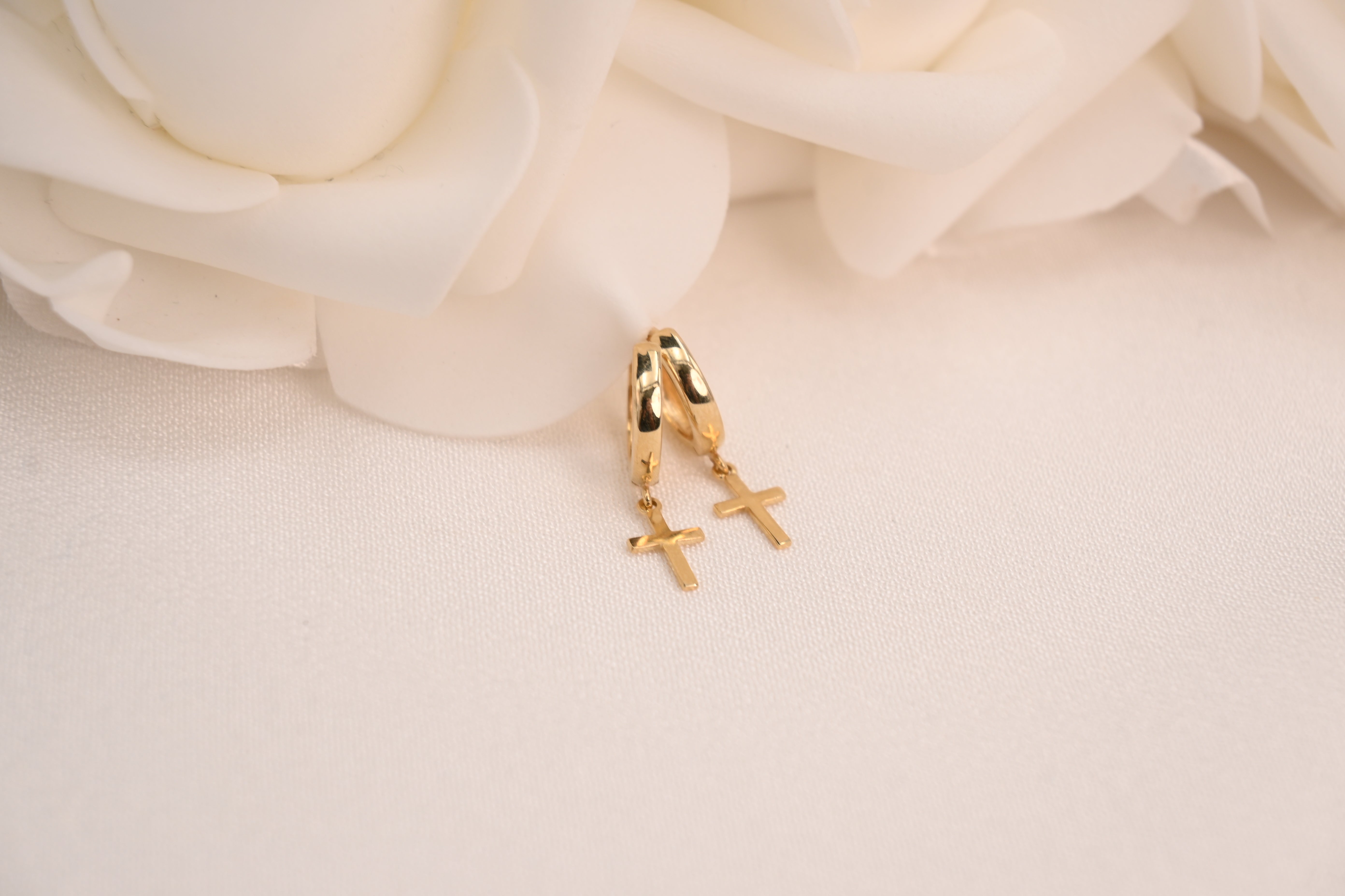 14k Hanging Cross Huggie Earrings