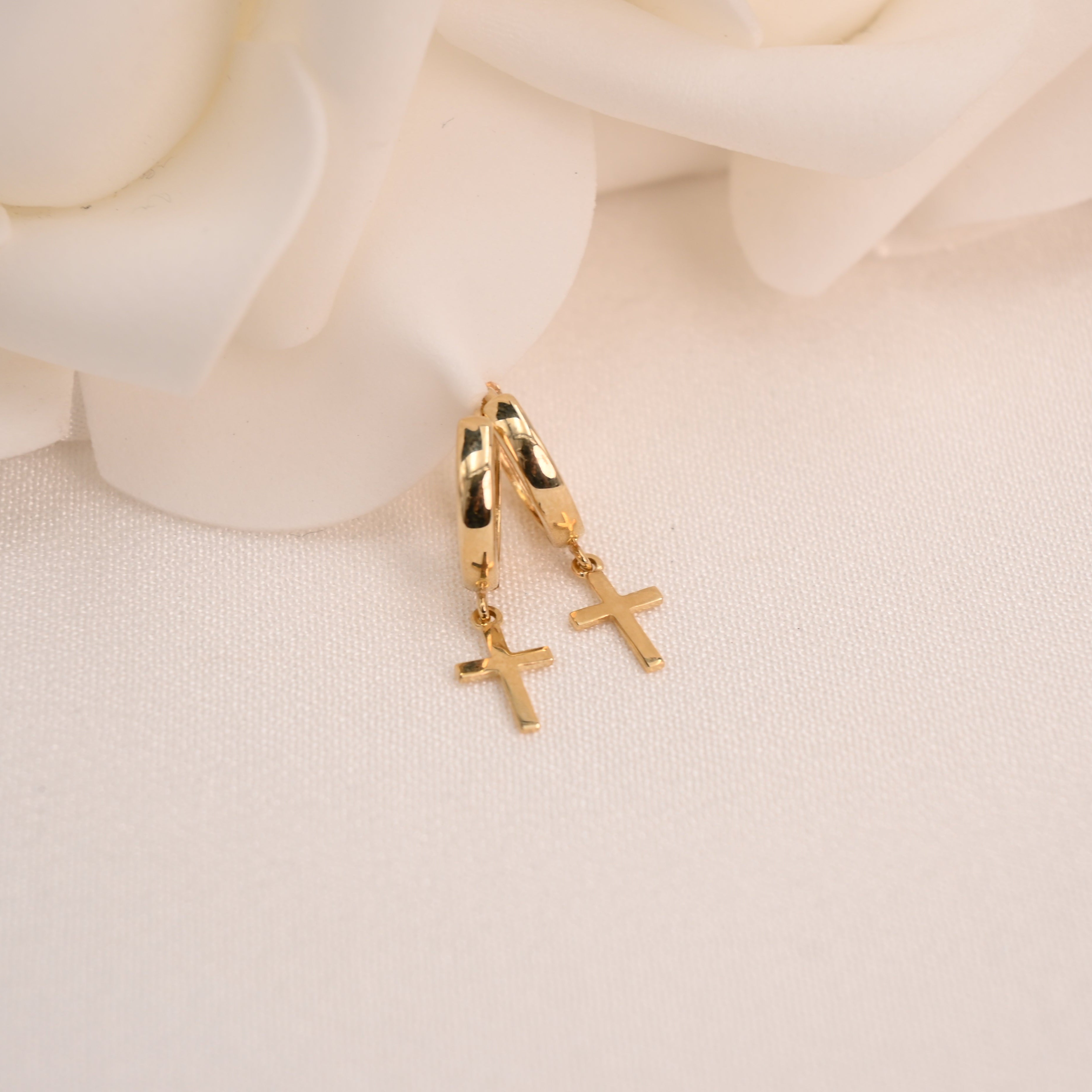 14k Hanging Cross Huggie Earrings
