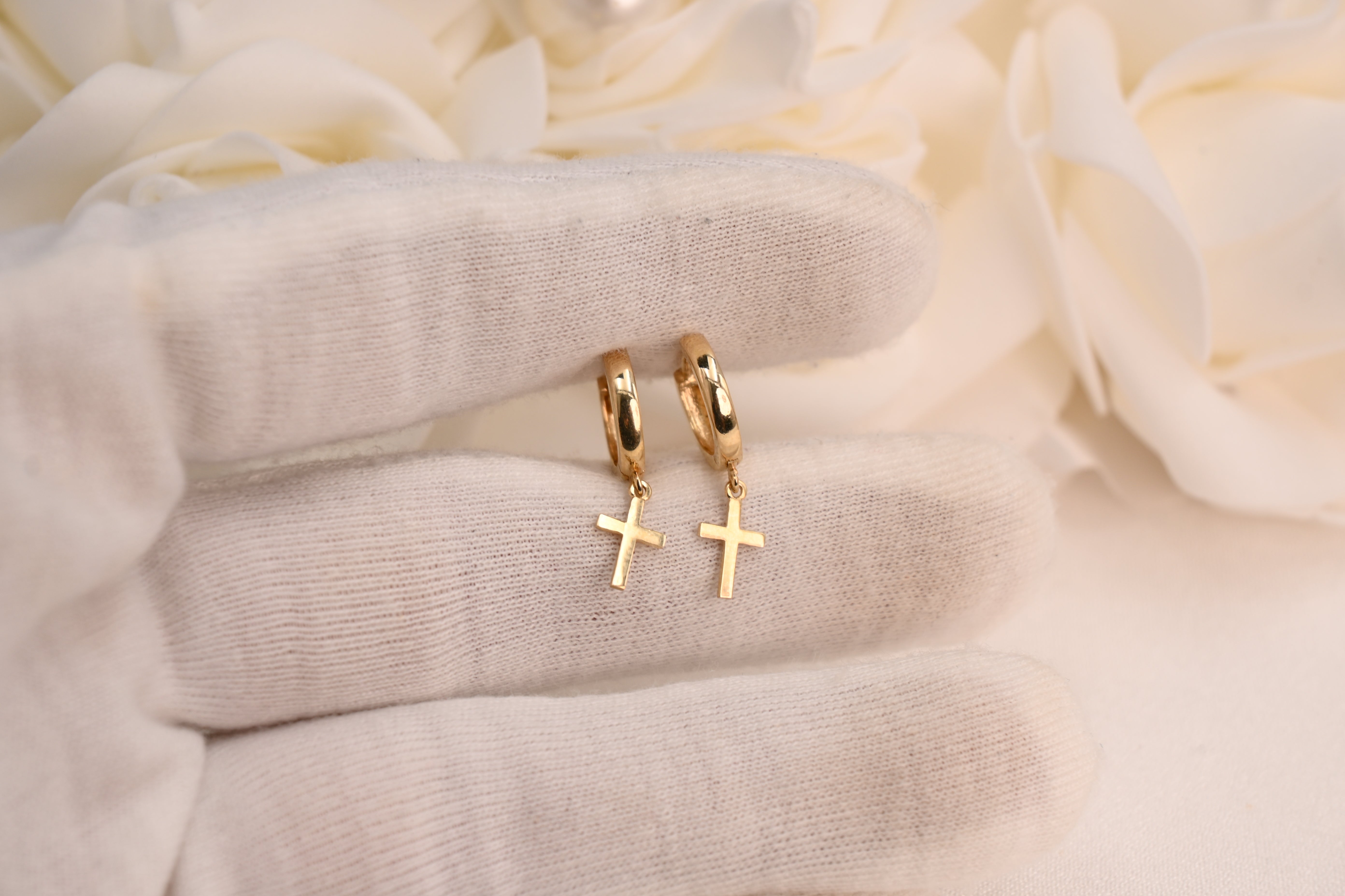 14k Hanging Cross Huggie Earrings