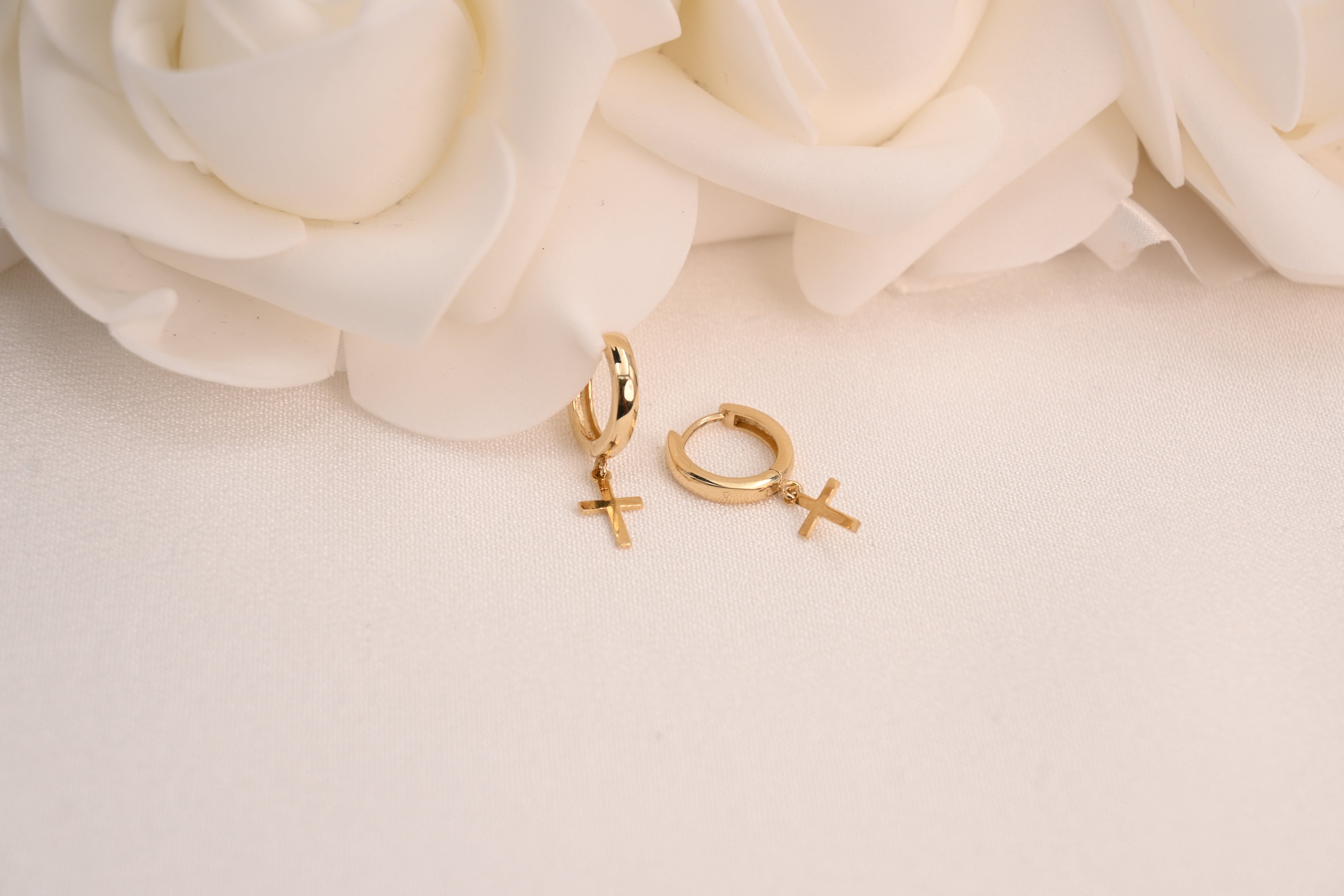 14k Hanging Cross Huggie Earrings