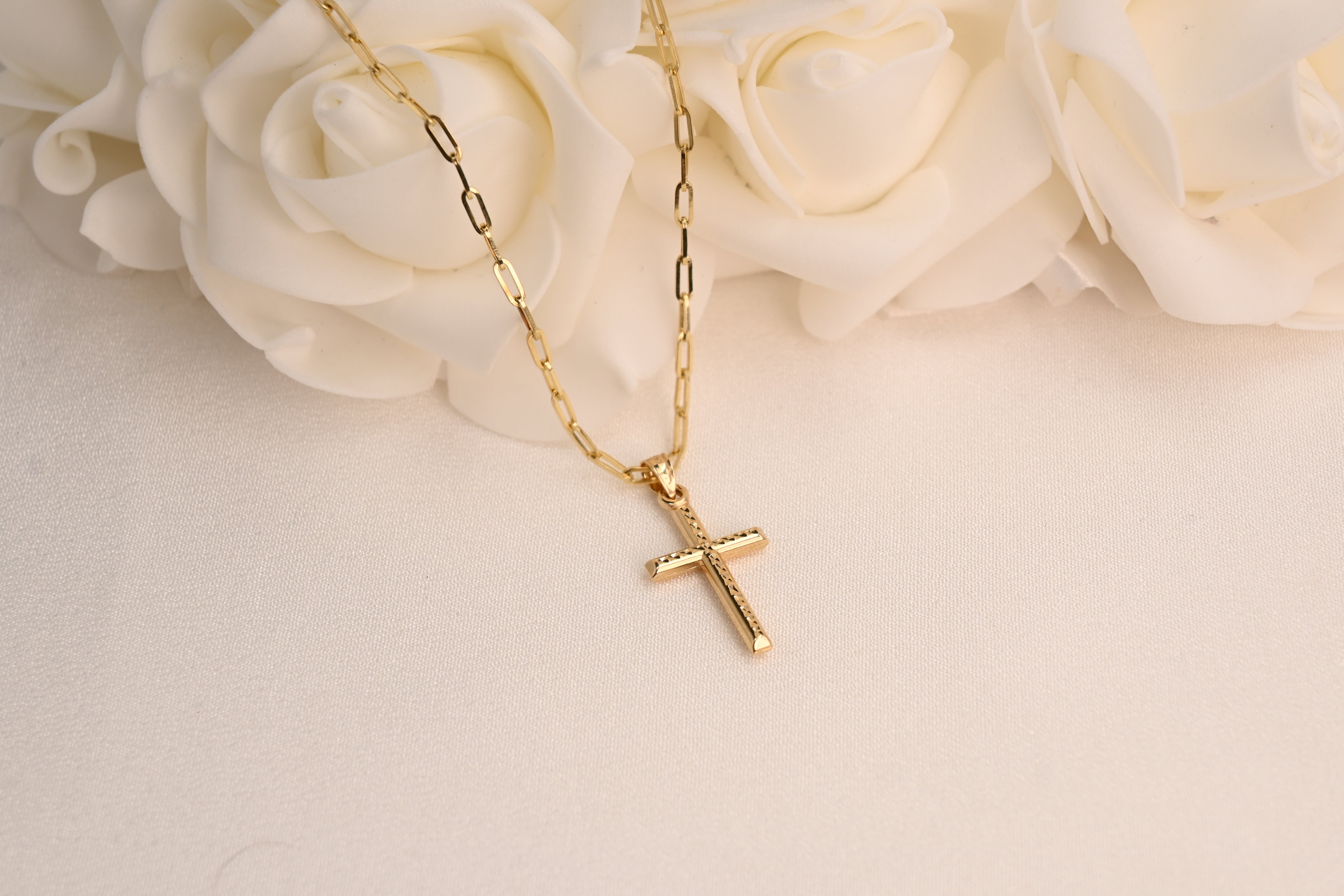 14k Diamond Cut Cross Paperclip Necklace