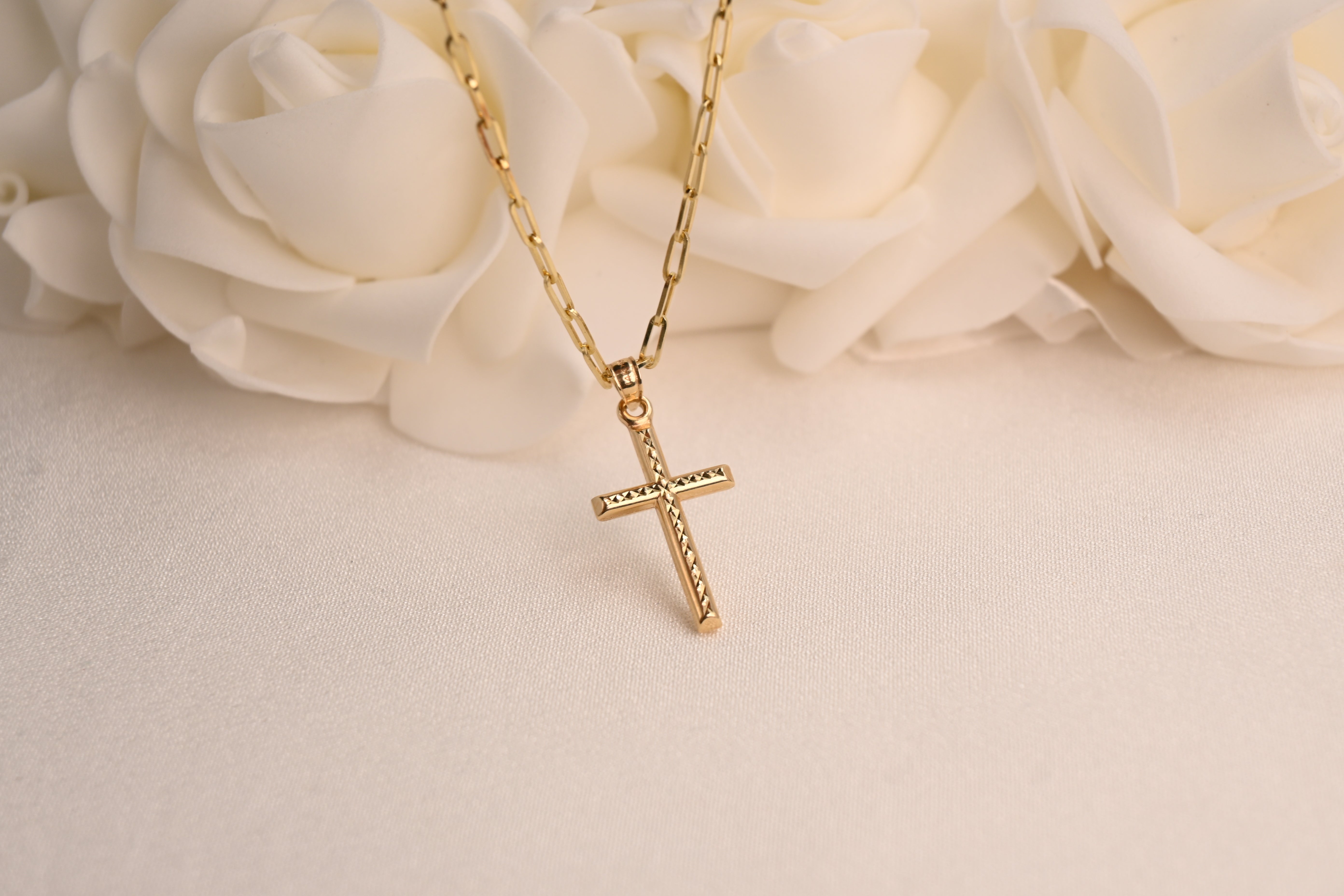 14k Diamond Cut Cross Paperclip Necklace