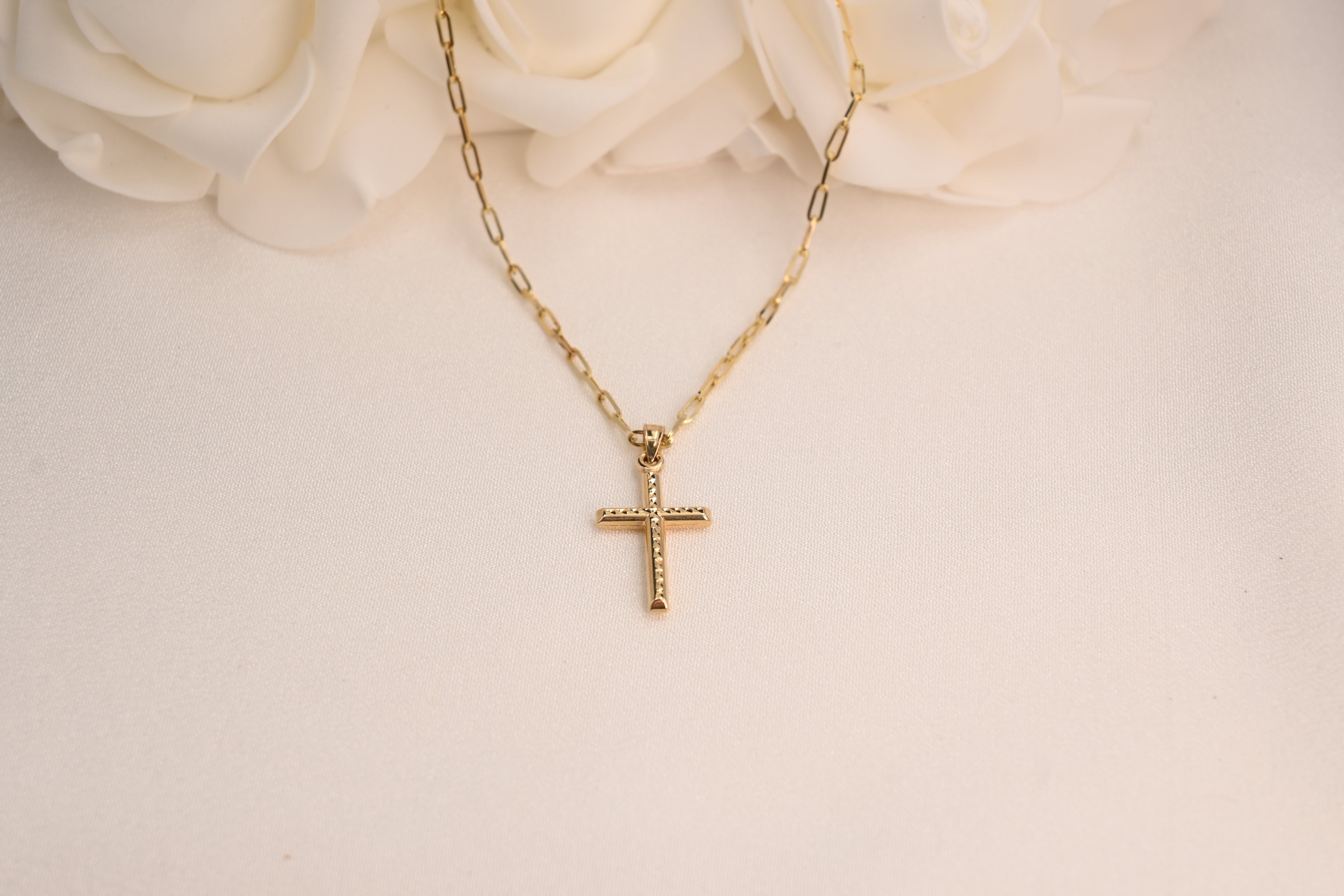 14k Diamond Cut Cross Paperclip Necklace