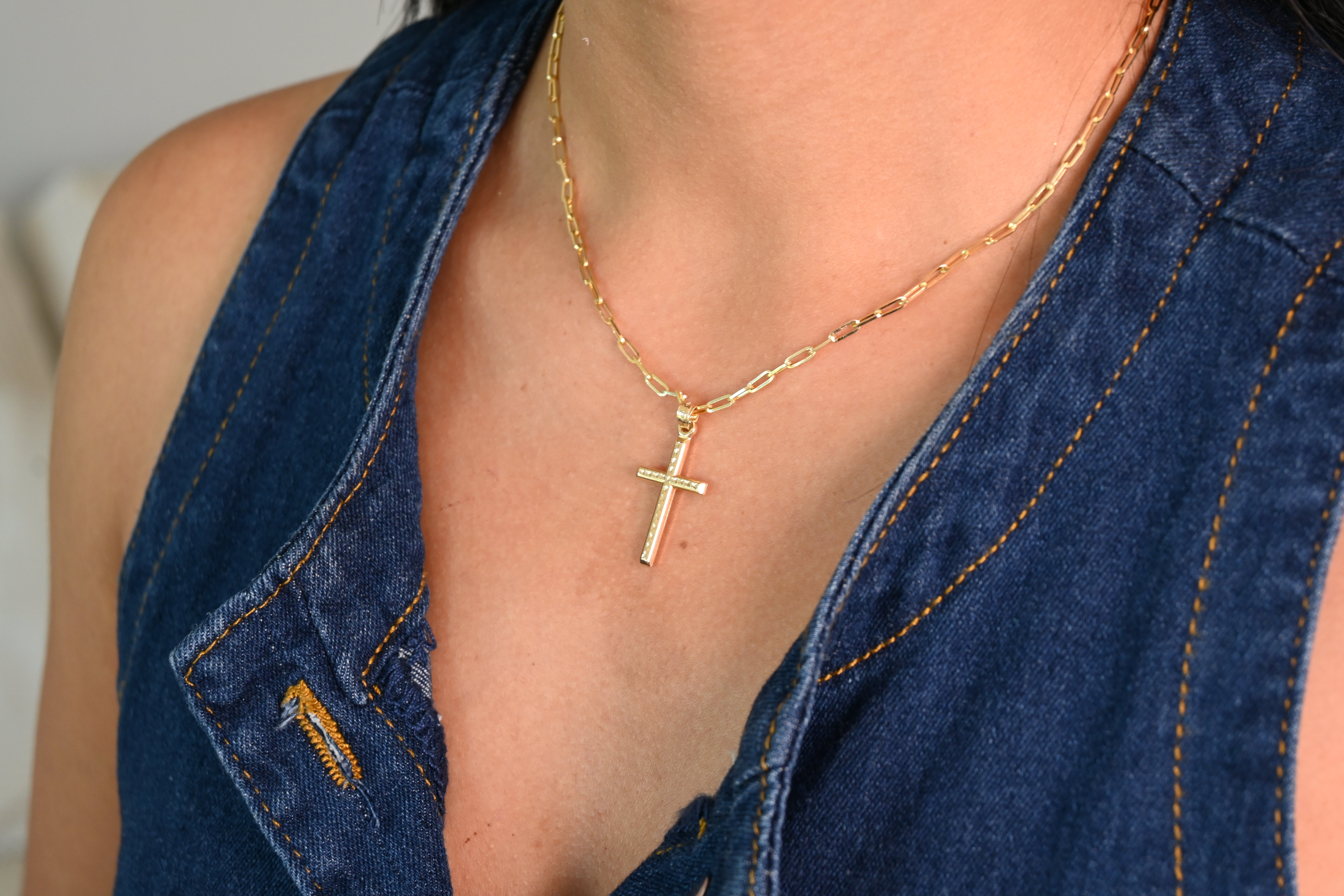 14k Diamond Cut Cross Paperclip Necklace