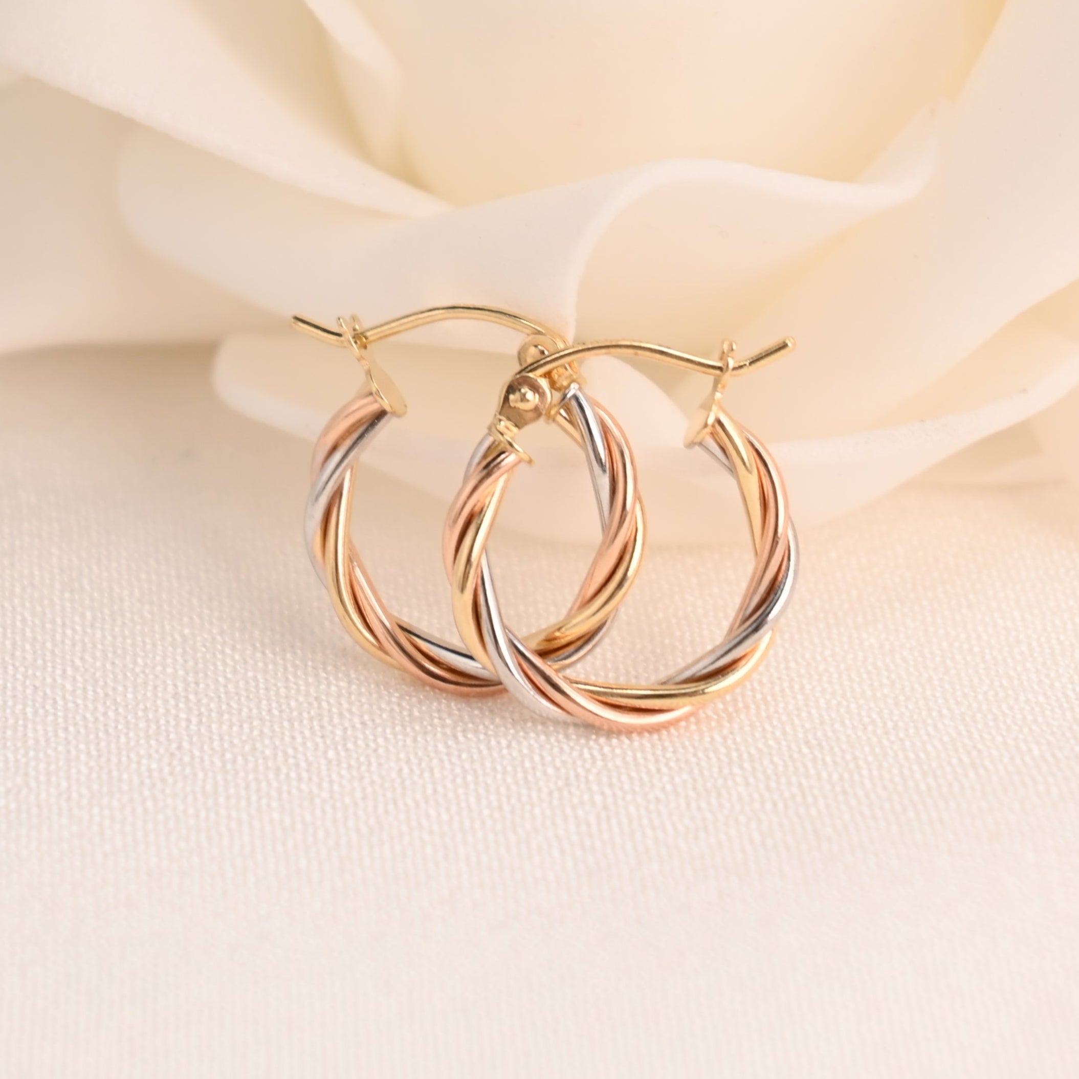 Dainty 14k Twisted Tricolor Hoops - 15mm