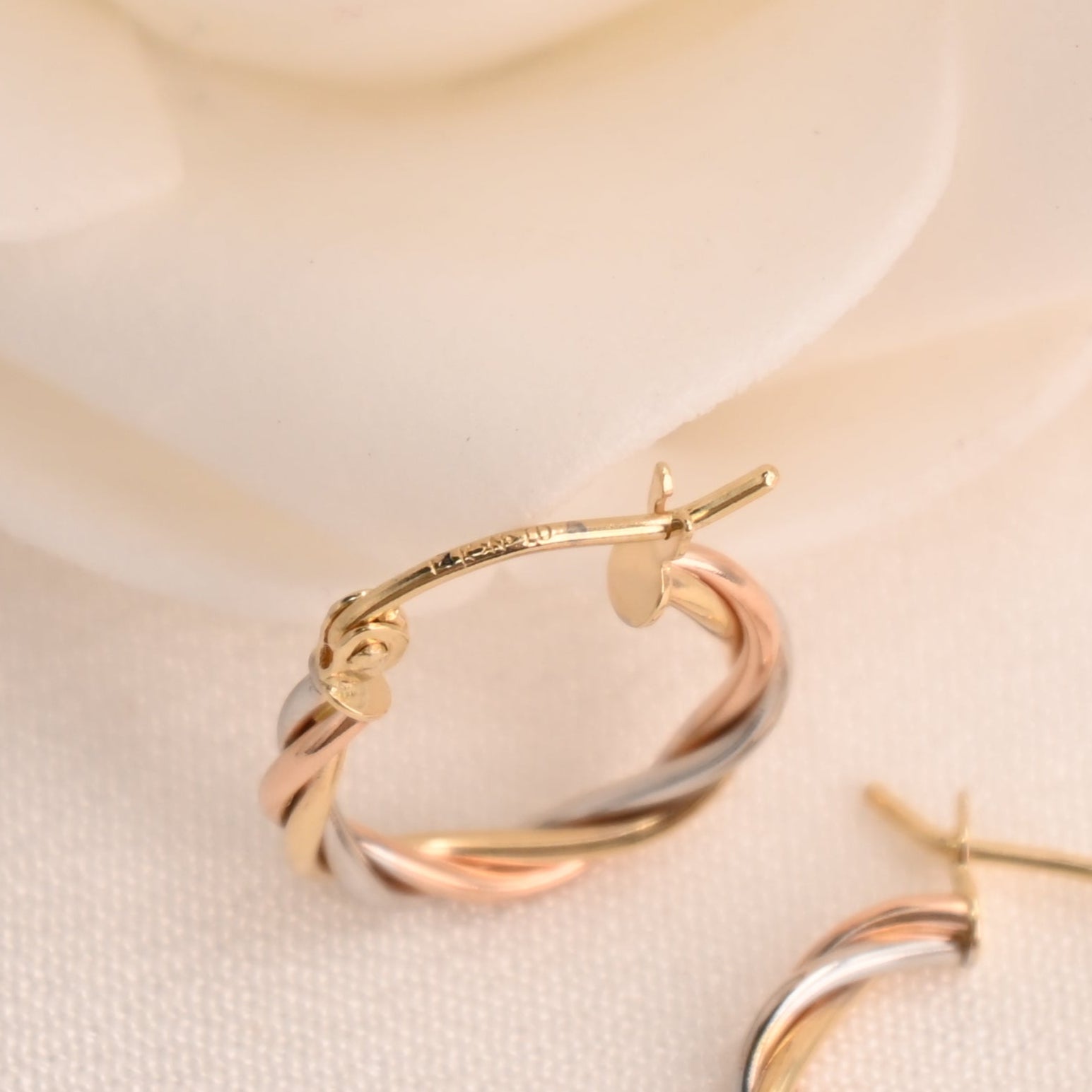 Dainty 14k Twisted Tricolor Hoops - 15mm