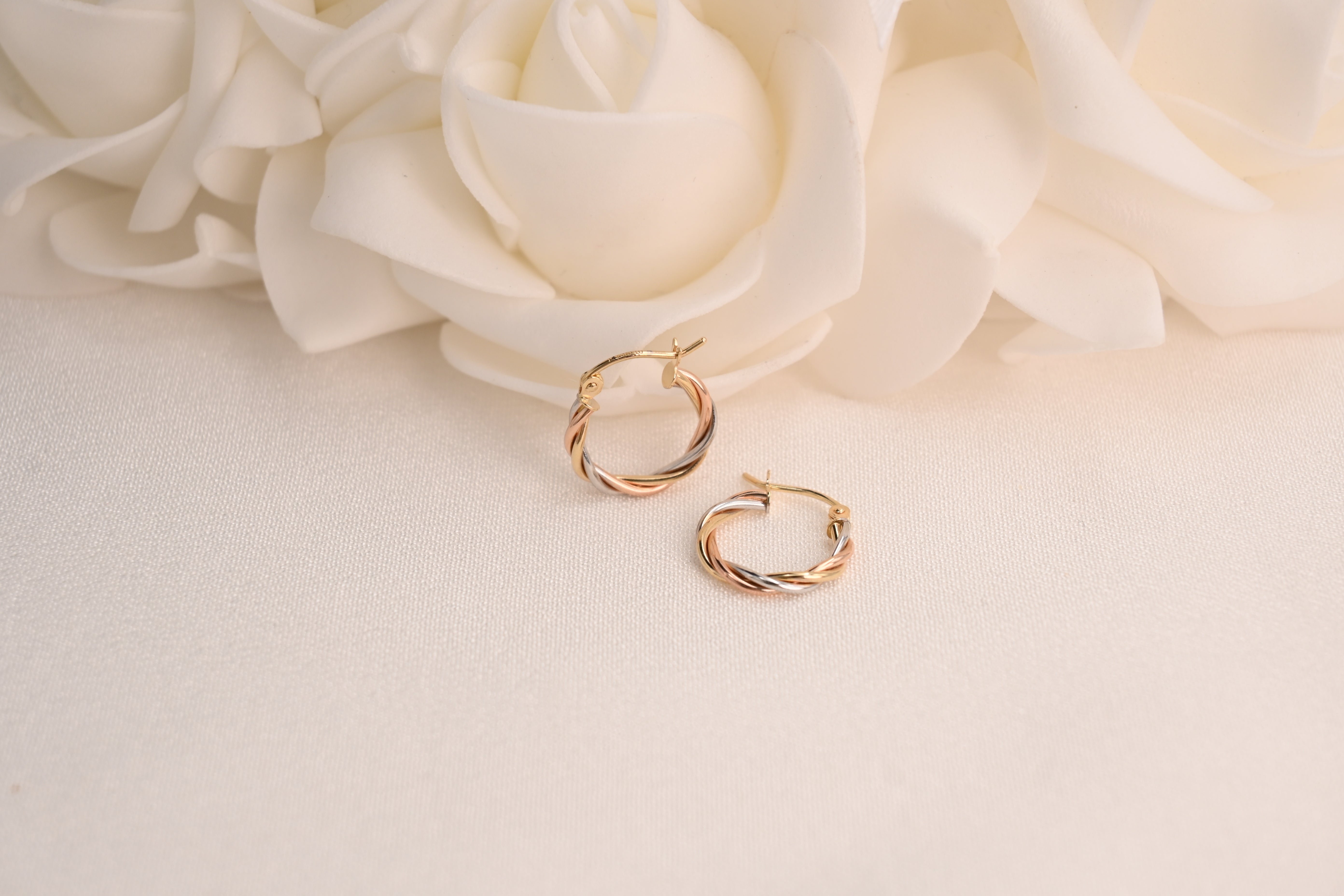 Dainty 14k Twisted Tricolor Hoops - 15mm