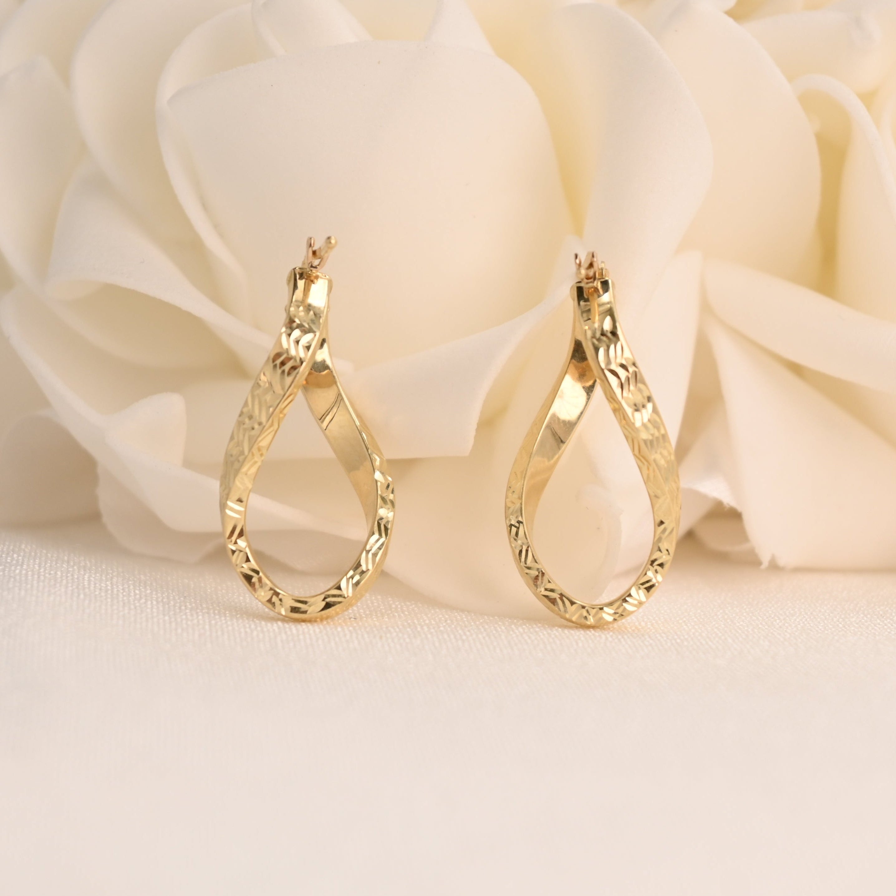 14K Twisted Teardrop Hoop Earrings