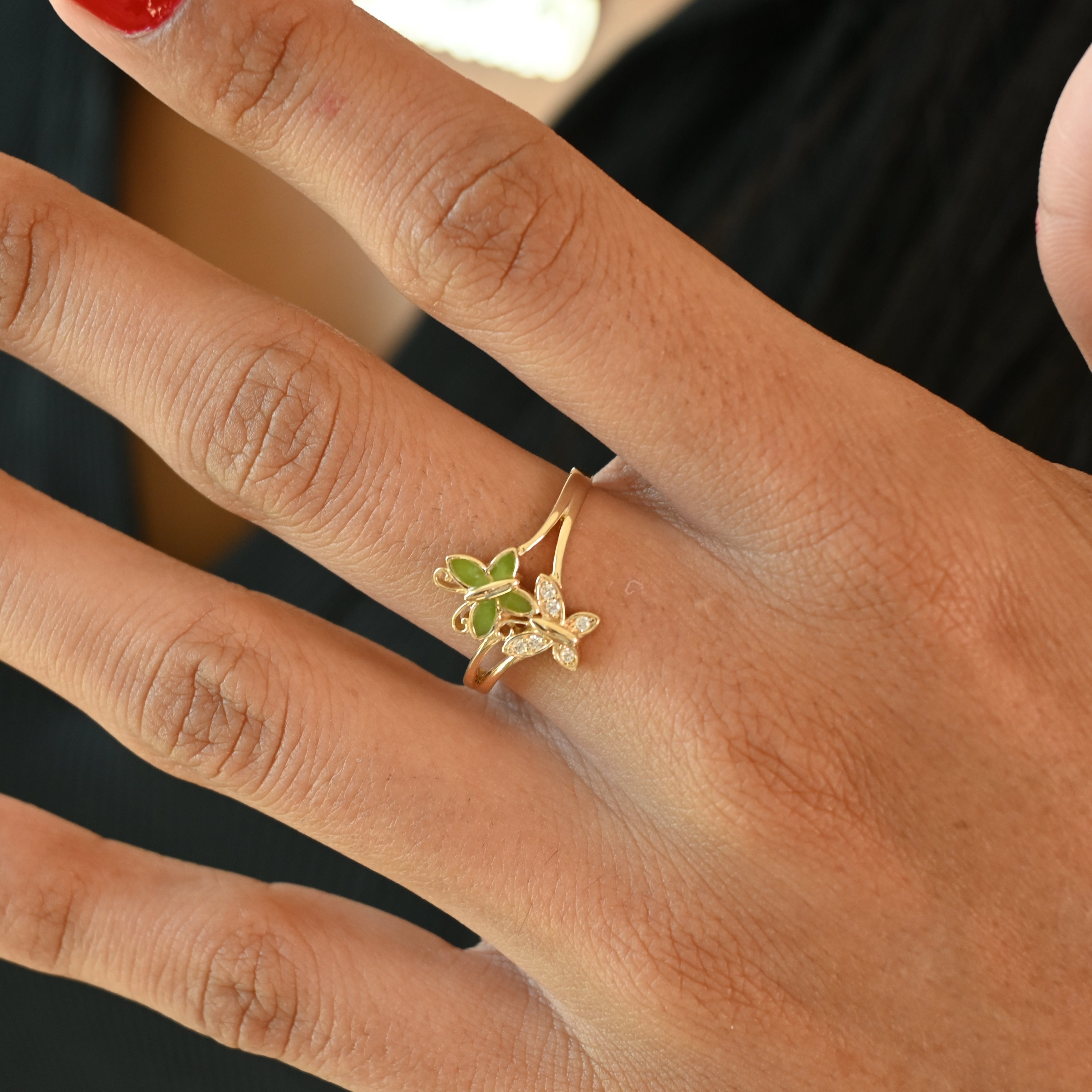 14k Gold Butterflies Enamel Ring