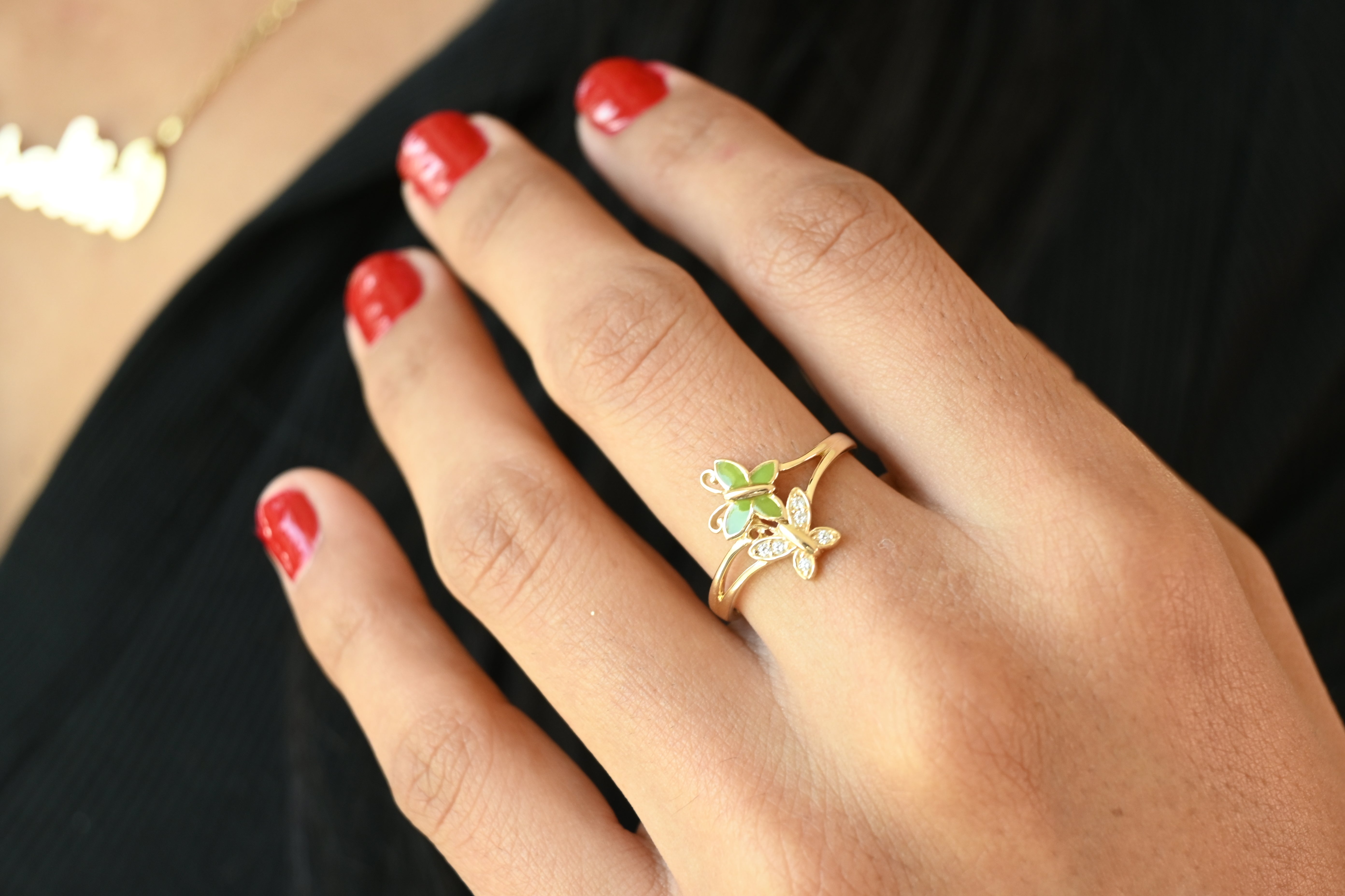 14k Gold Butterflies Enamel Ring