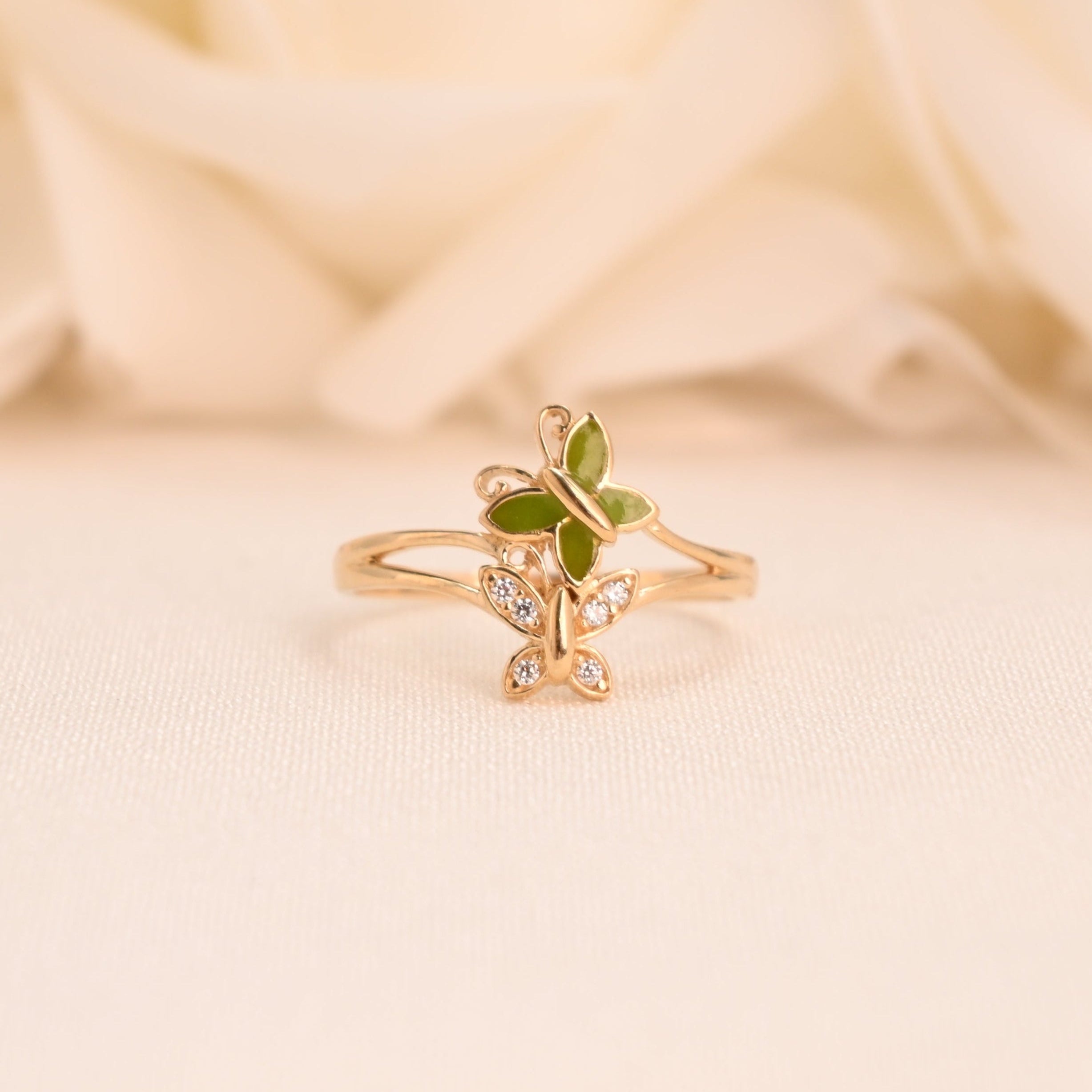 14k Gold Butterflies Enamel Ring