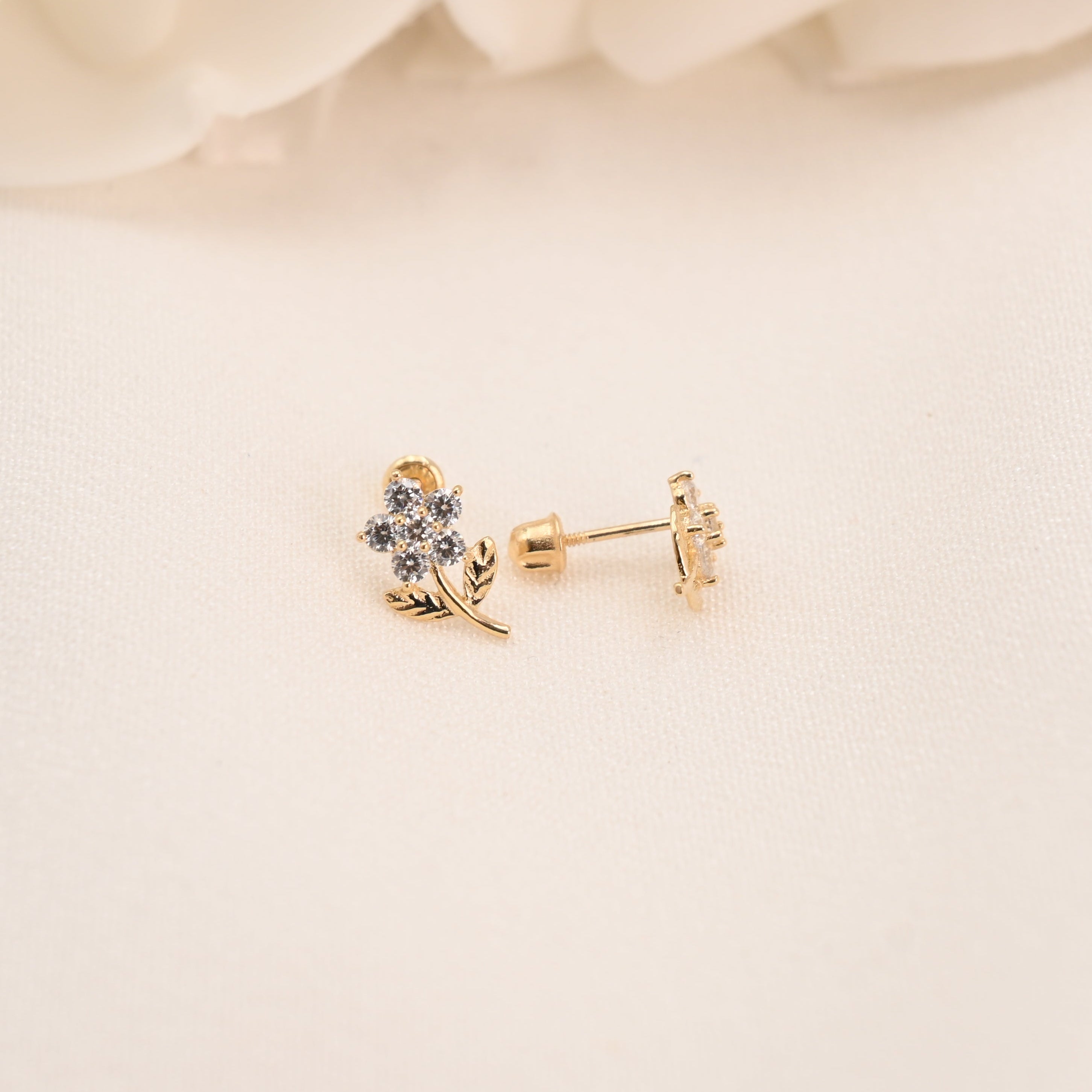 14k CZ Flower Stem Stud Earrings