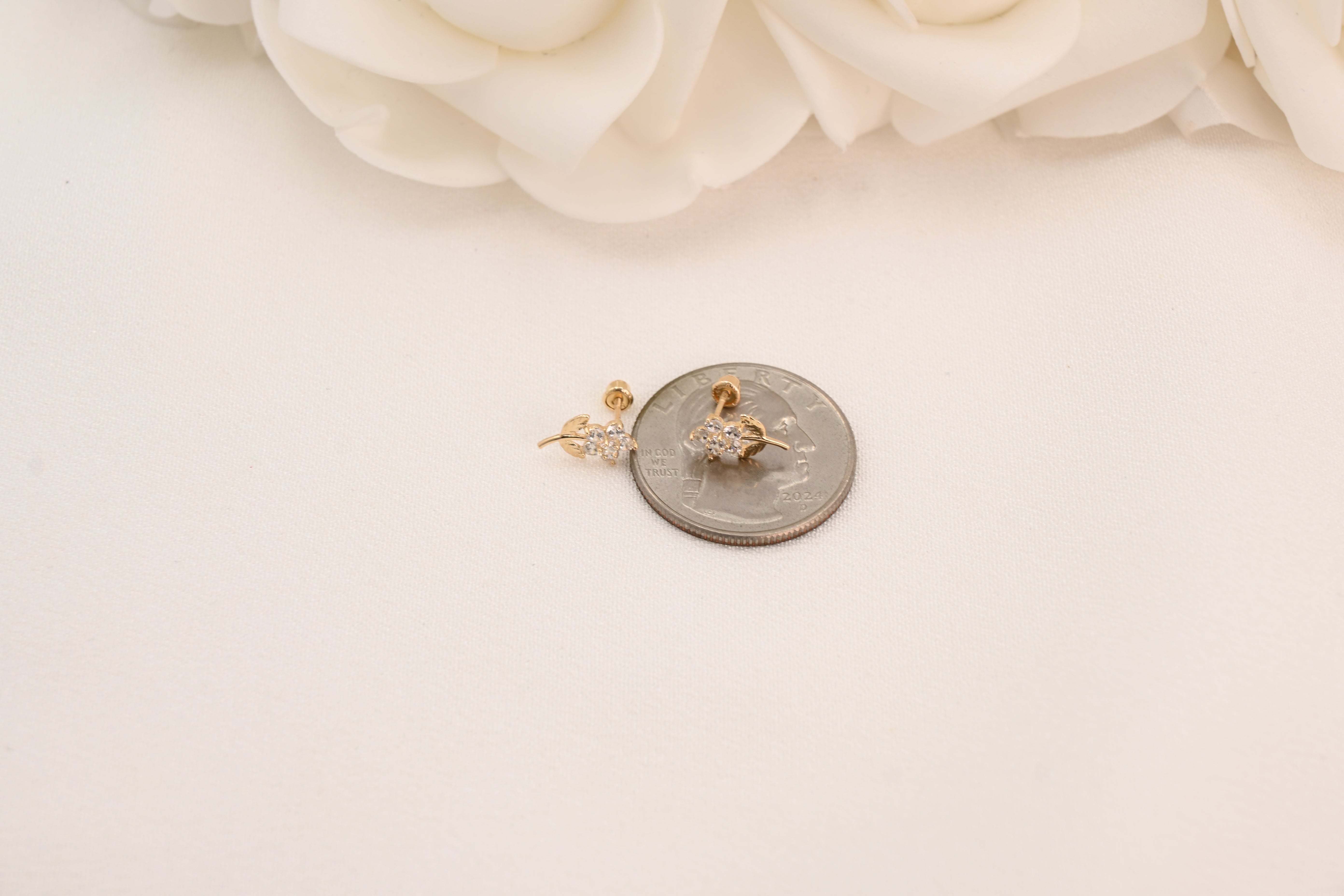 14k CZ Flower Stem Stud Earrings