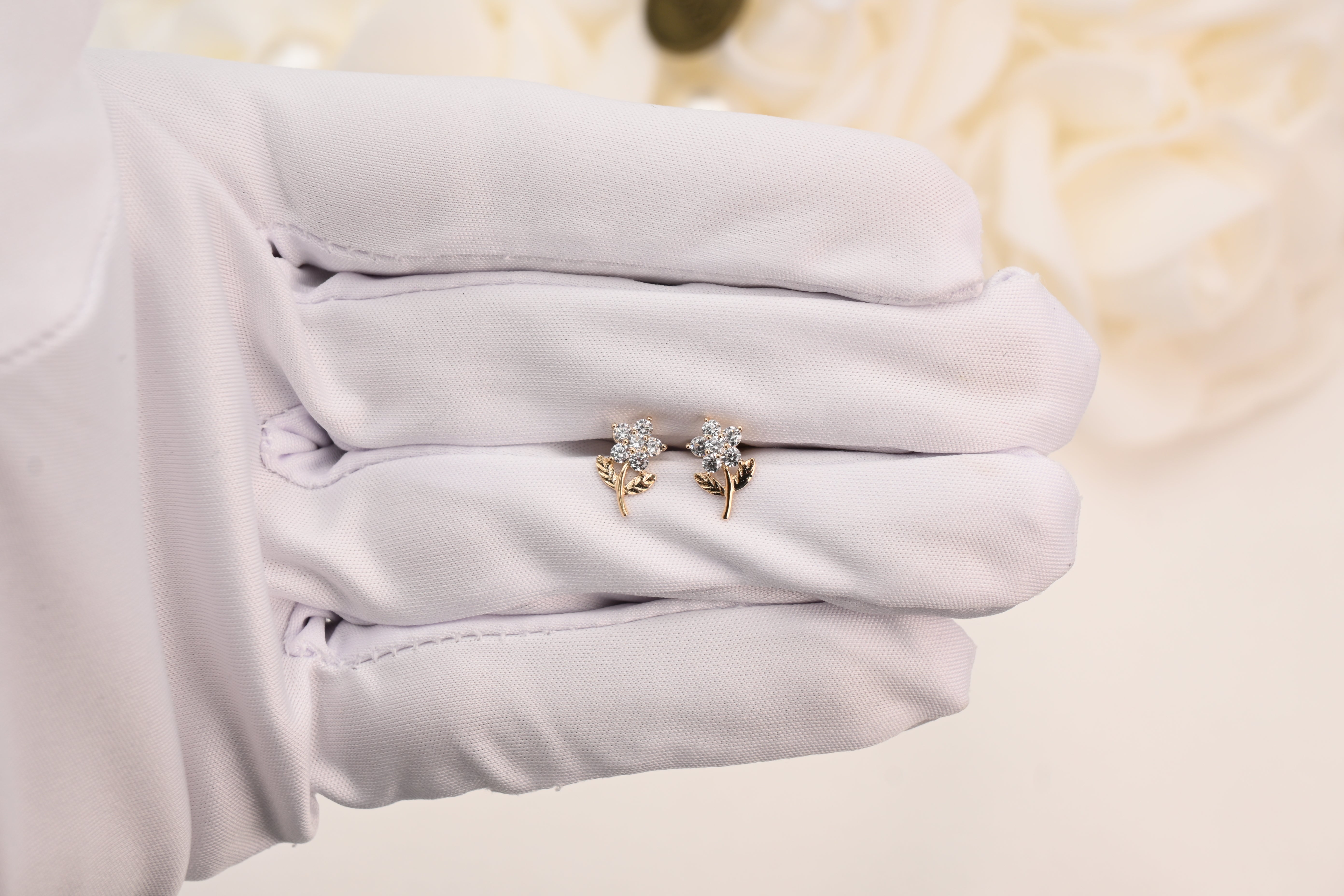 14k CZ Flower Stem Stud Earrings