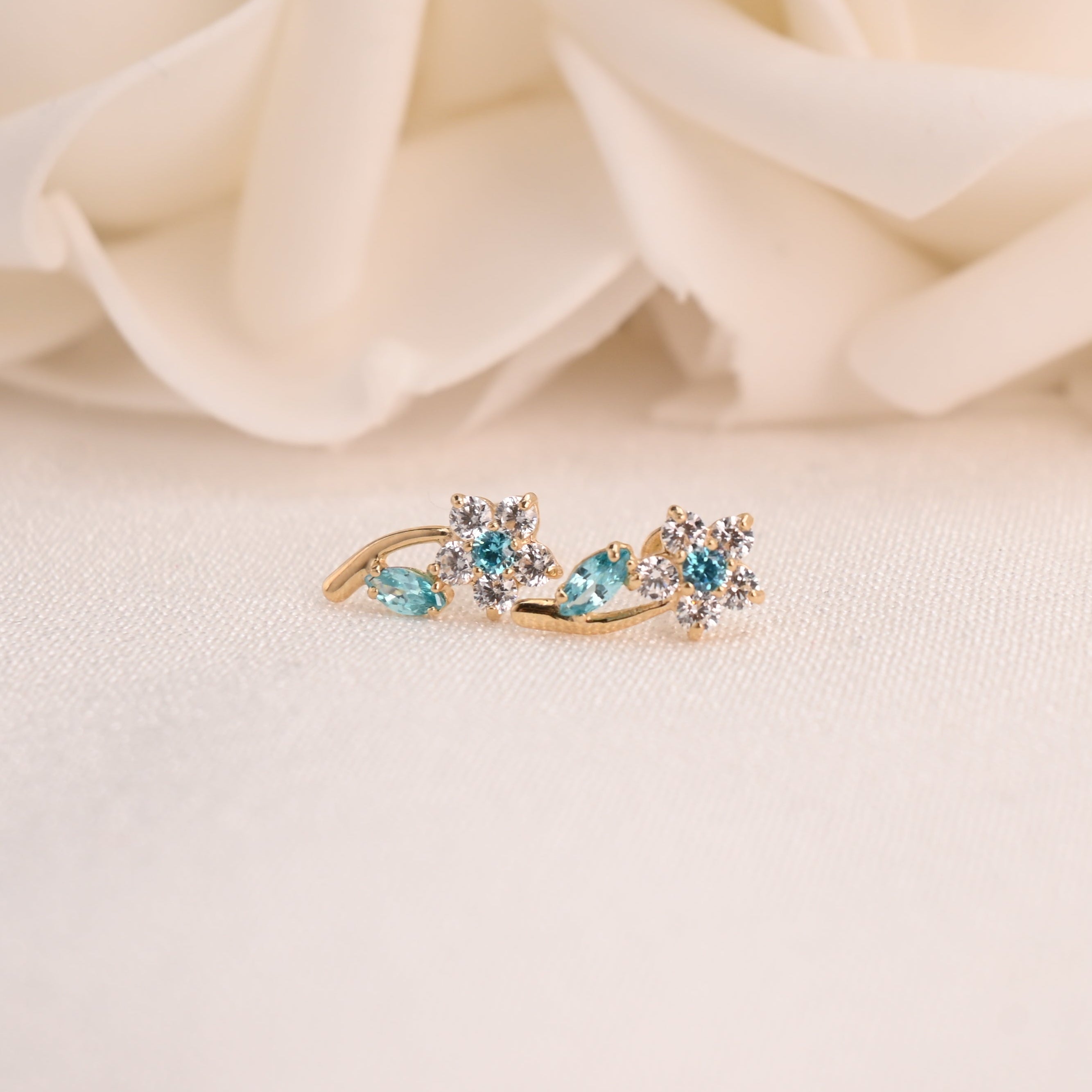 14k Flower Stem CZ Stud Earrings