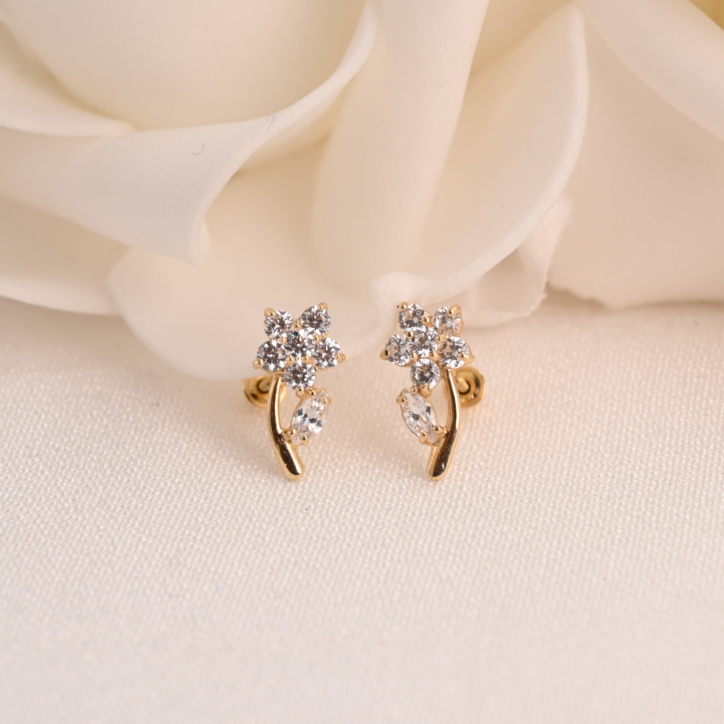 14k Flower Stem CZ Stud Earrings