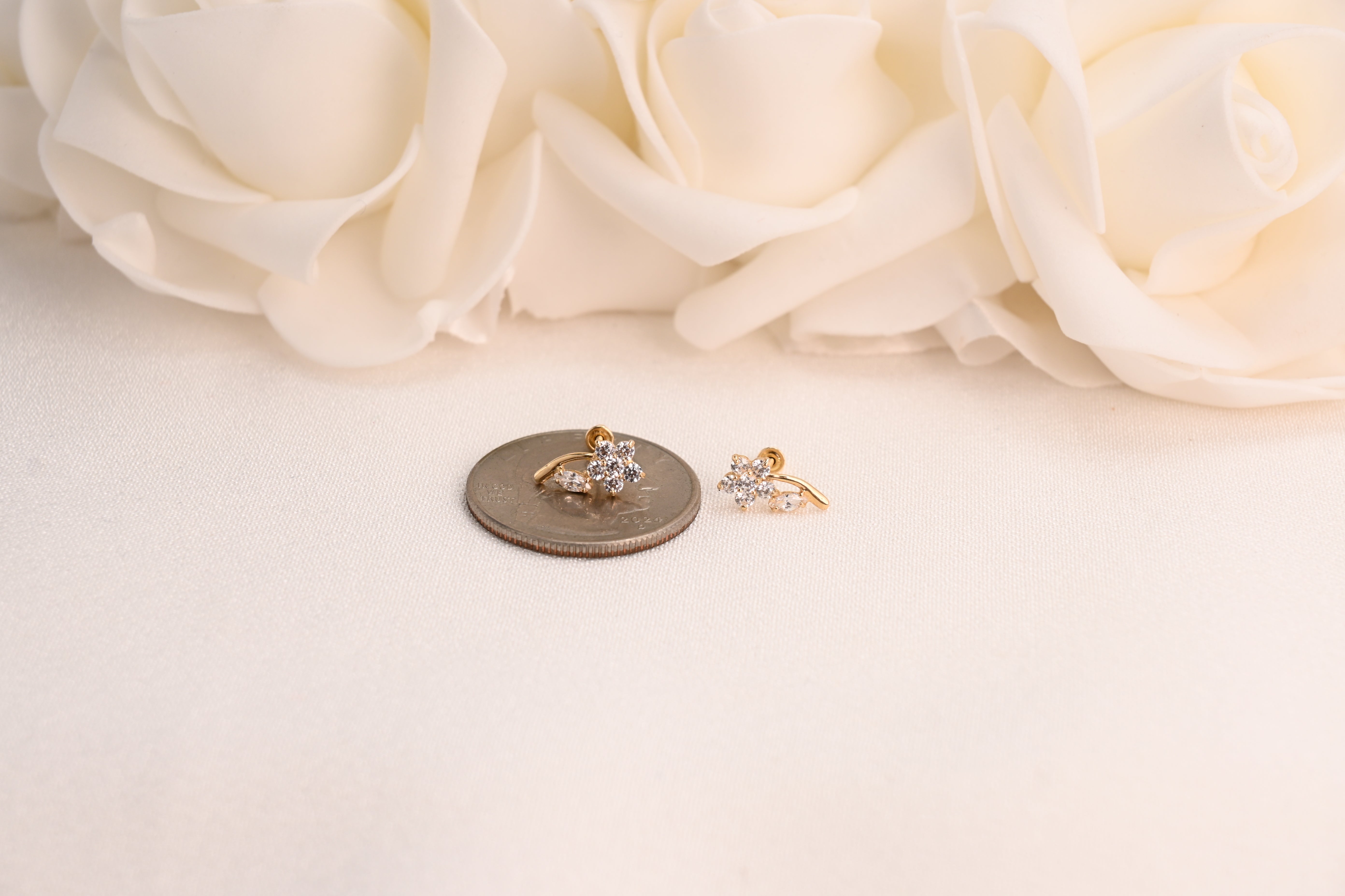 14k Flower Stem CZ Stud Earrings