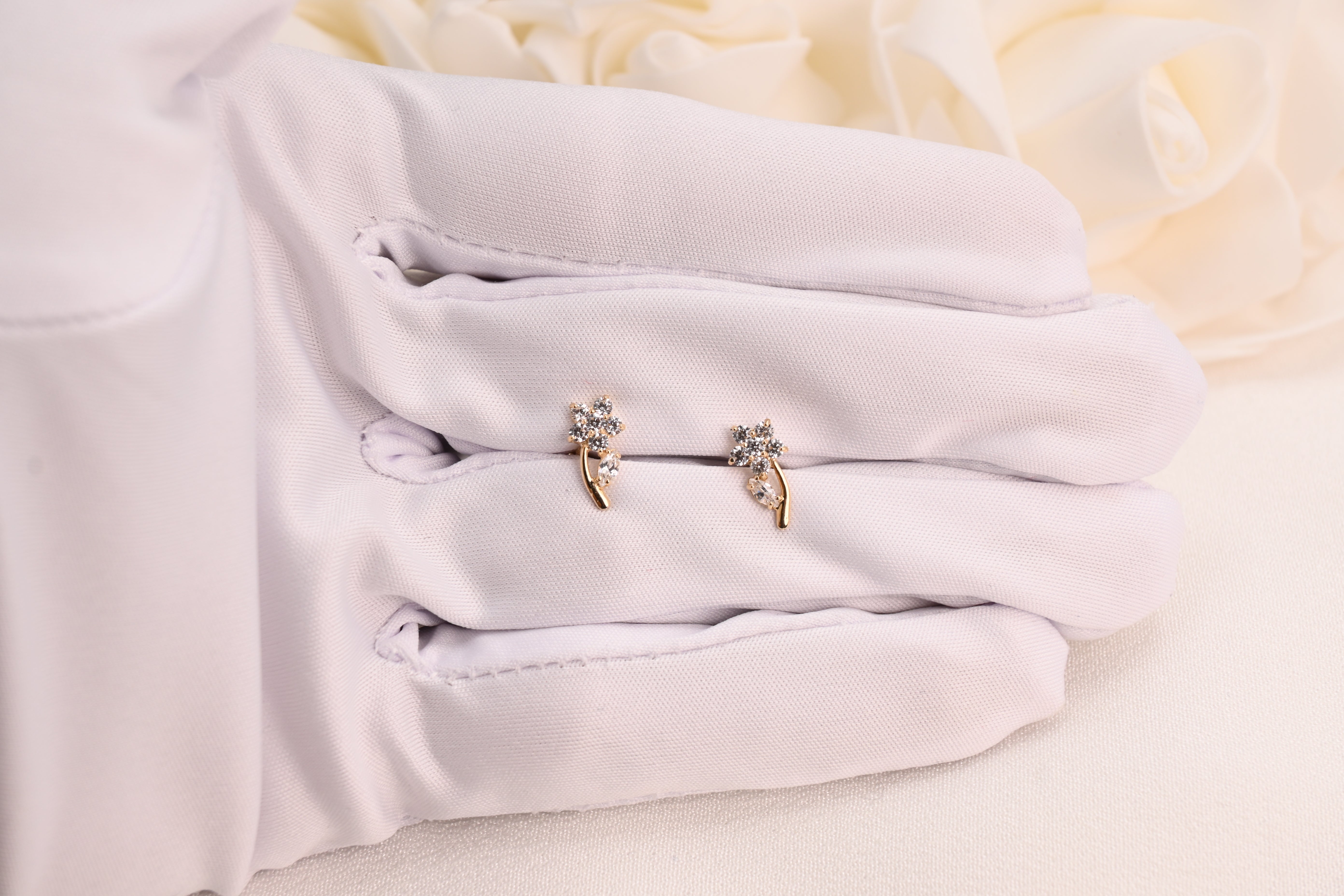 14k Flower Stem CZ Stud Earrings