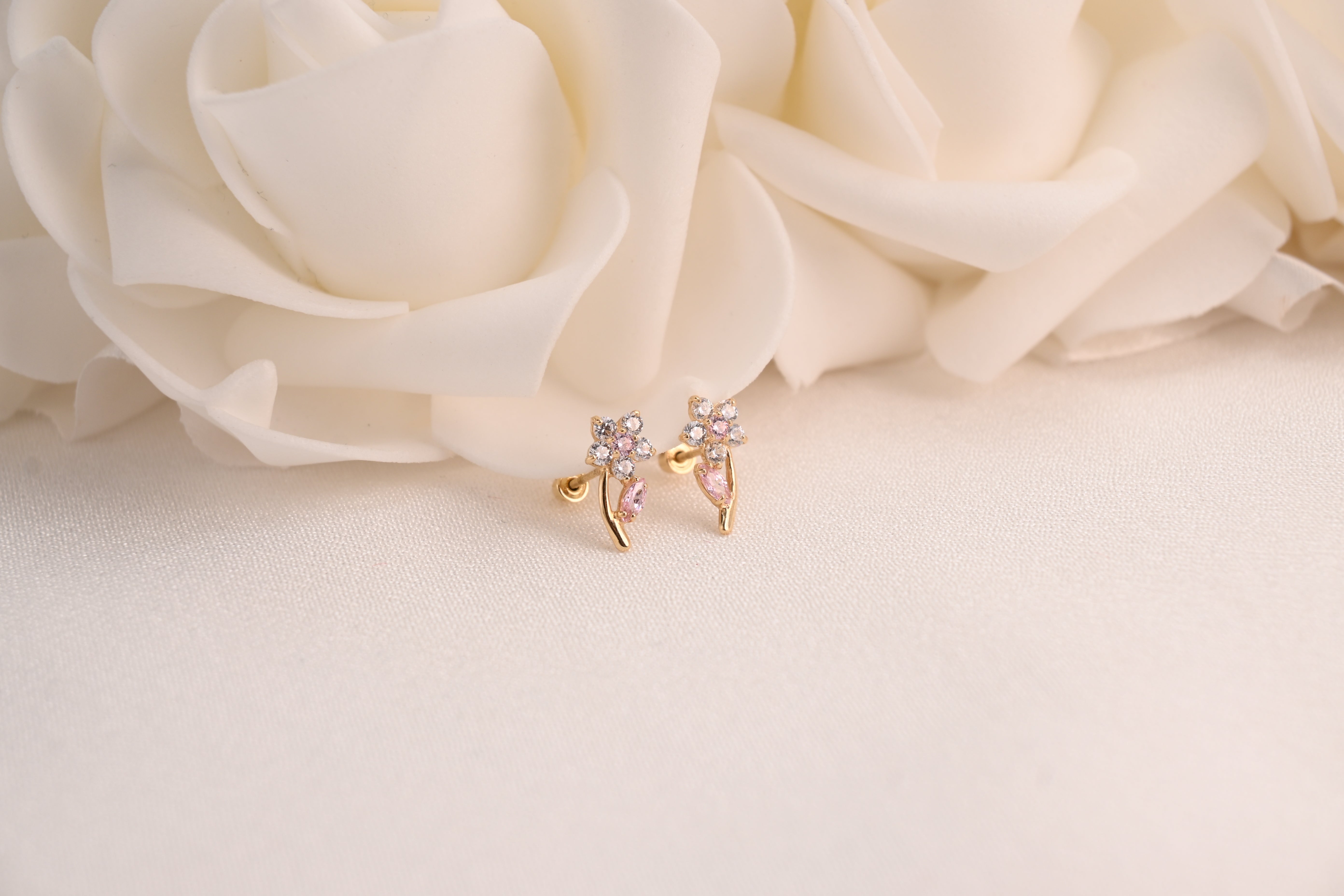 14k Flower Stem CZ Stud Earrings