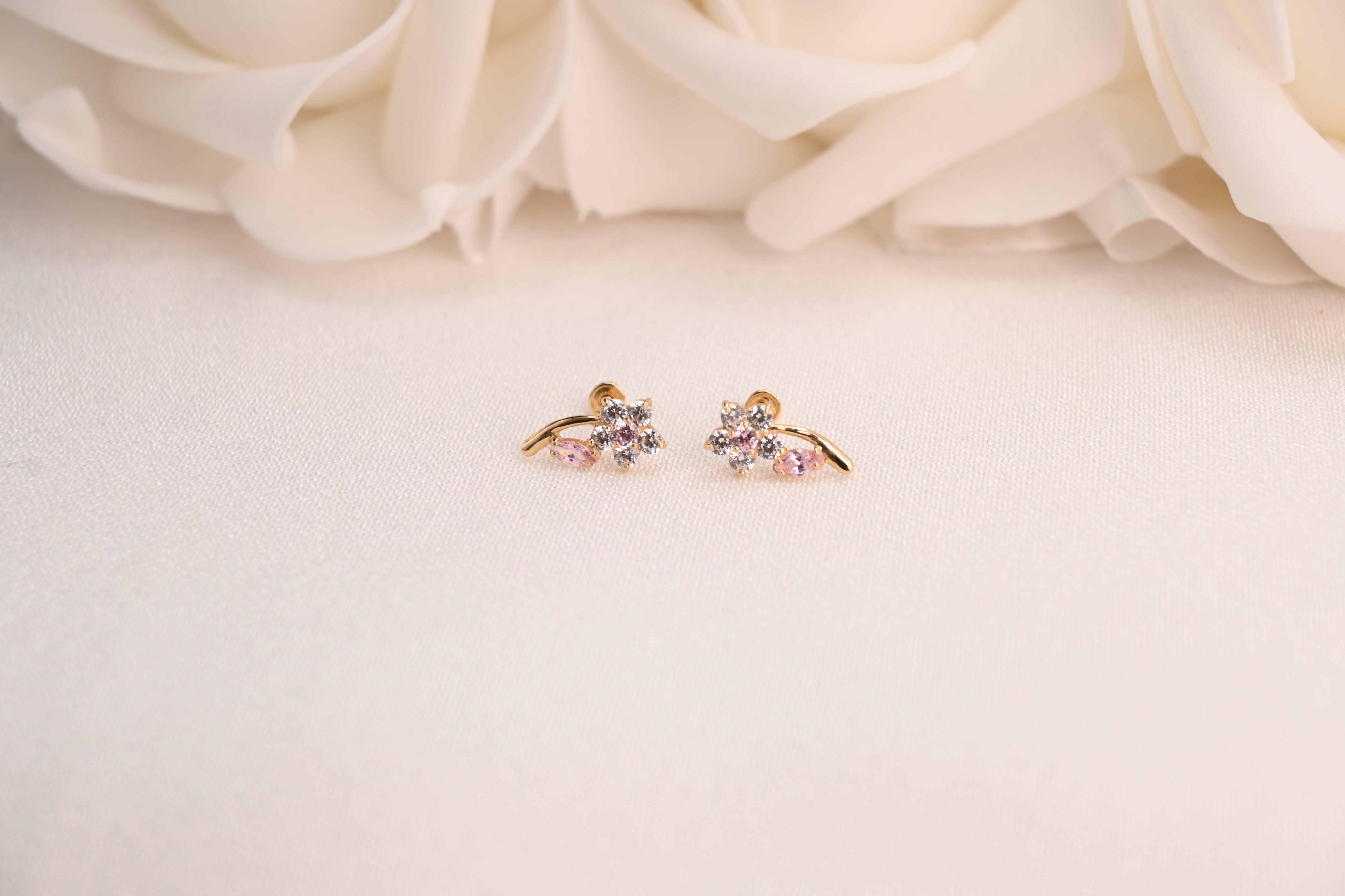 14k Flower Stem CZ Stud Earrings