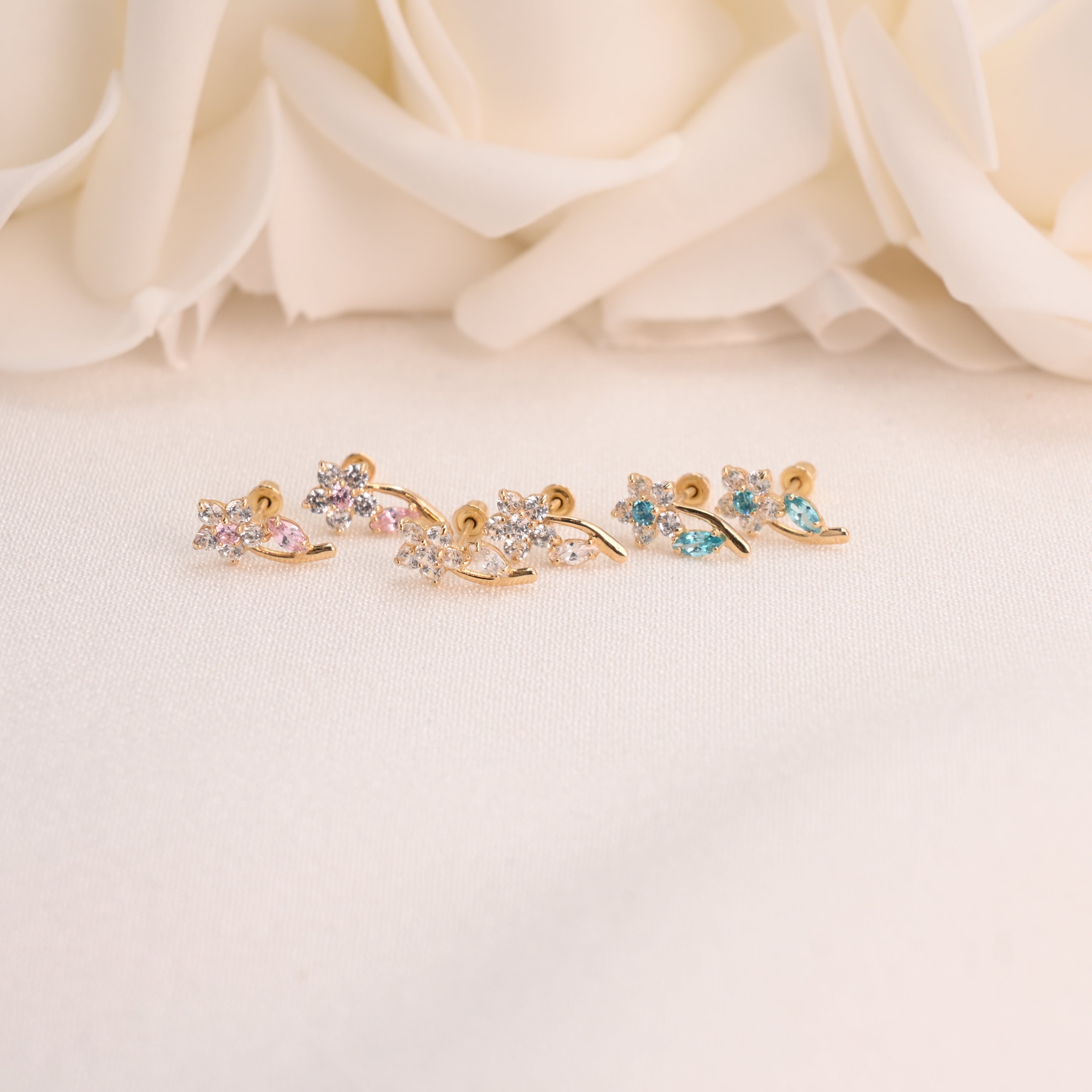 14k Flower Stem CZ Stud Earrings