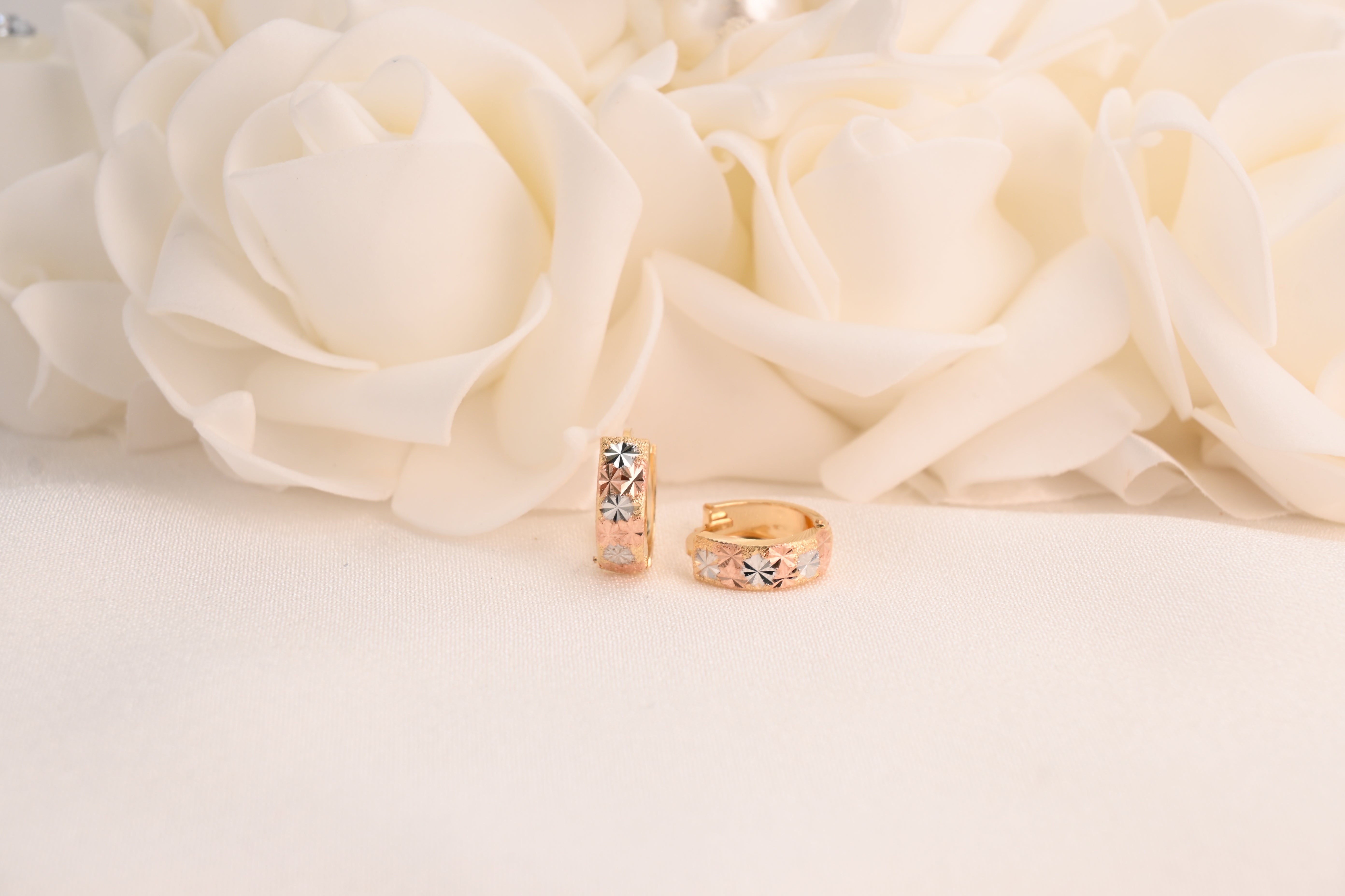 14k Tricolor Gold Star Diamond Cut Huggies Earrings