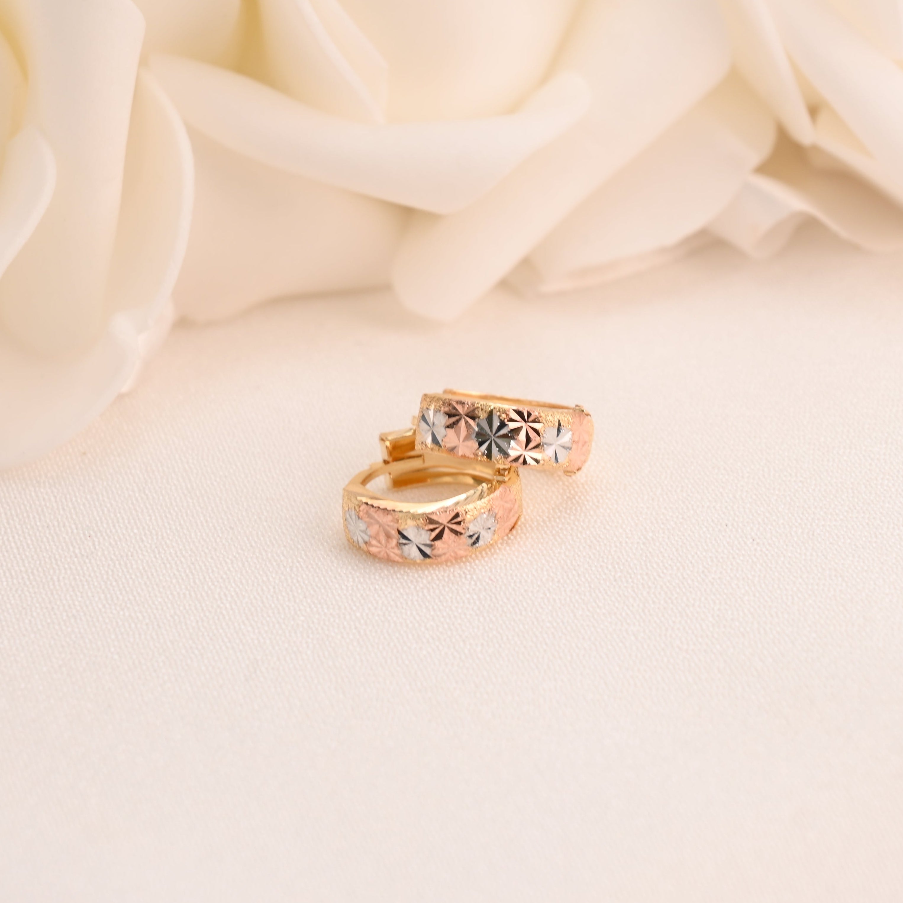 14k Tricolor Gold Star Diamond Cut Huggies Earrings