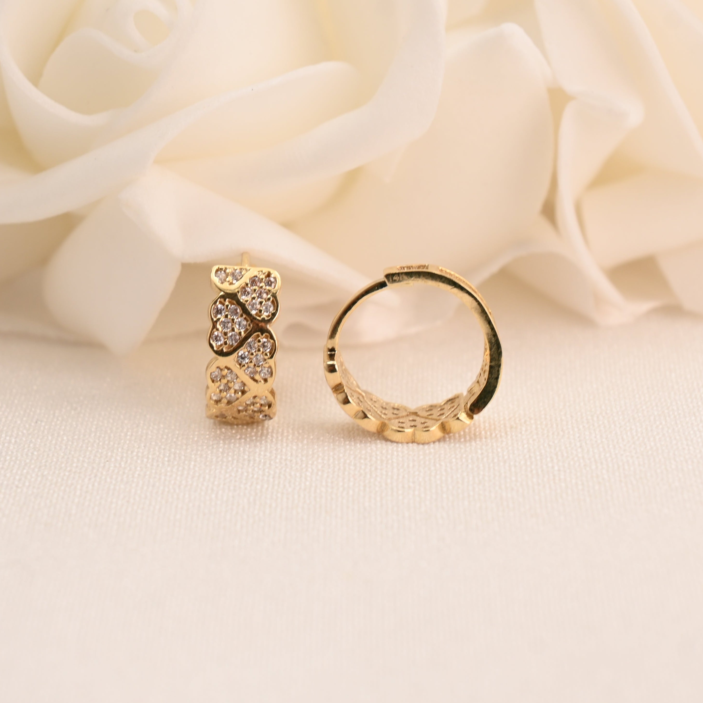 14k Pave Hearts Huggie Earrings - 14mm
