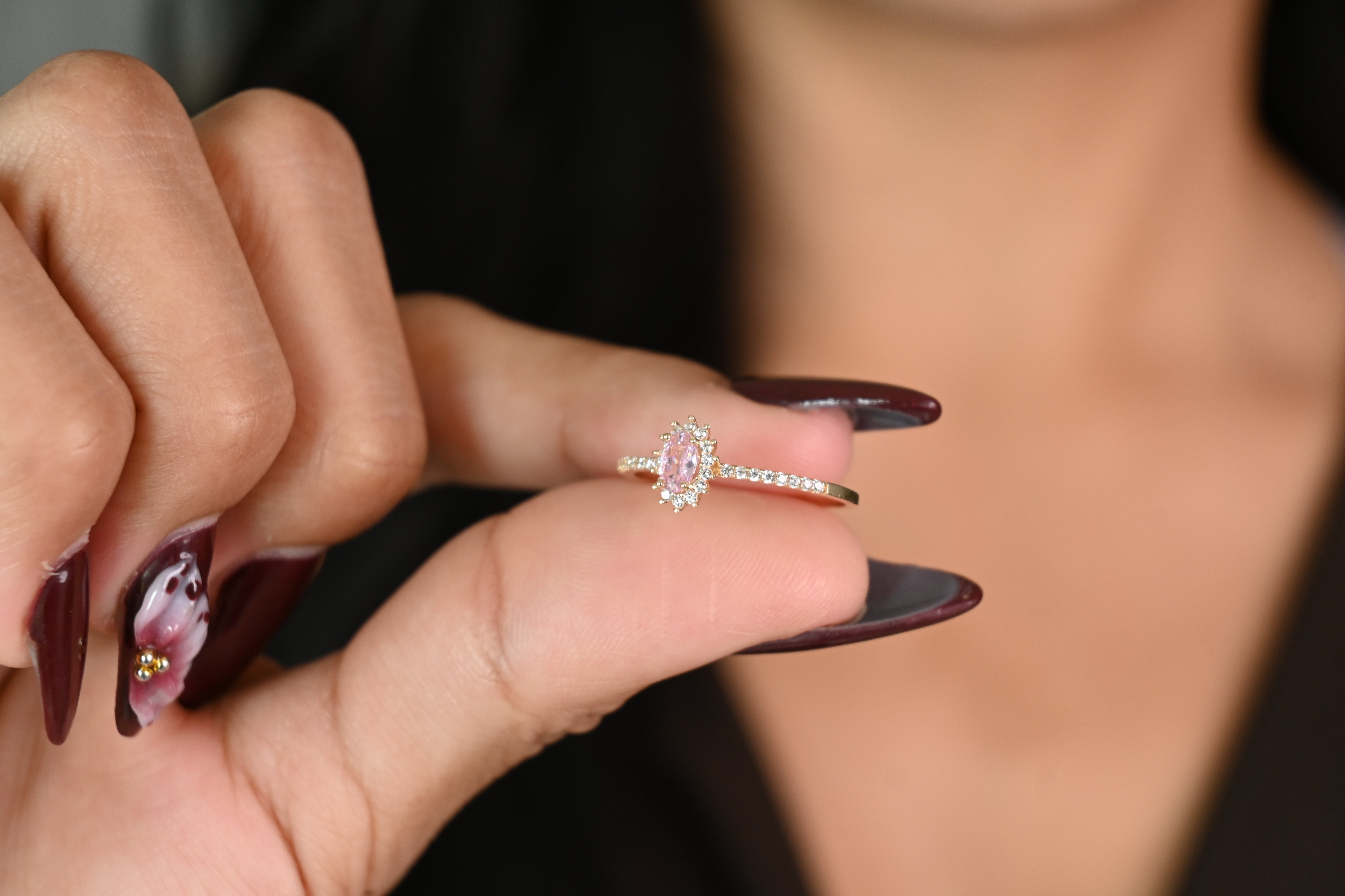 14k Dainty Oval Pink Ring