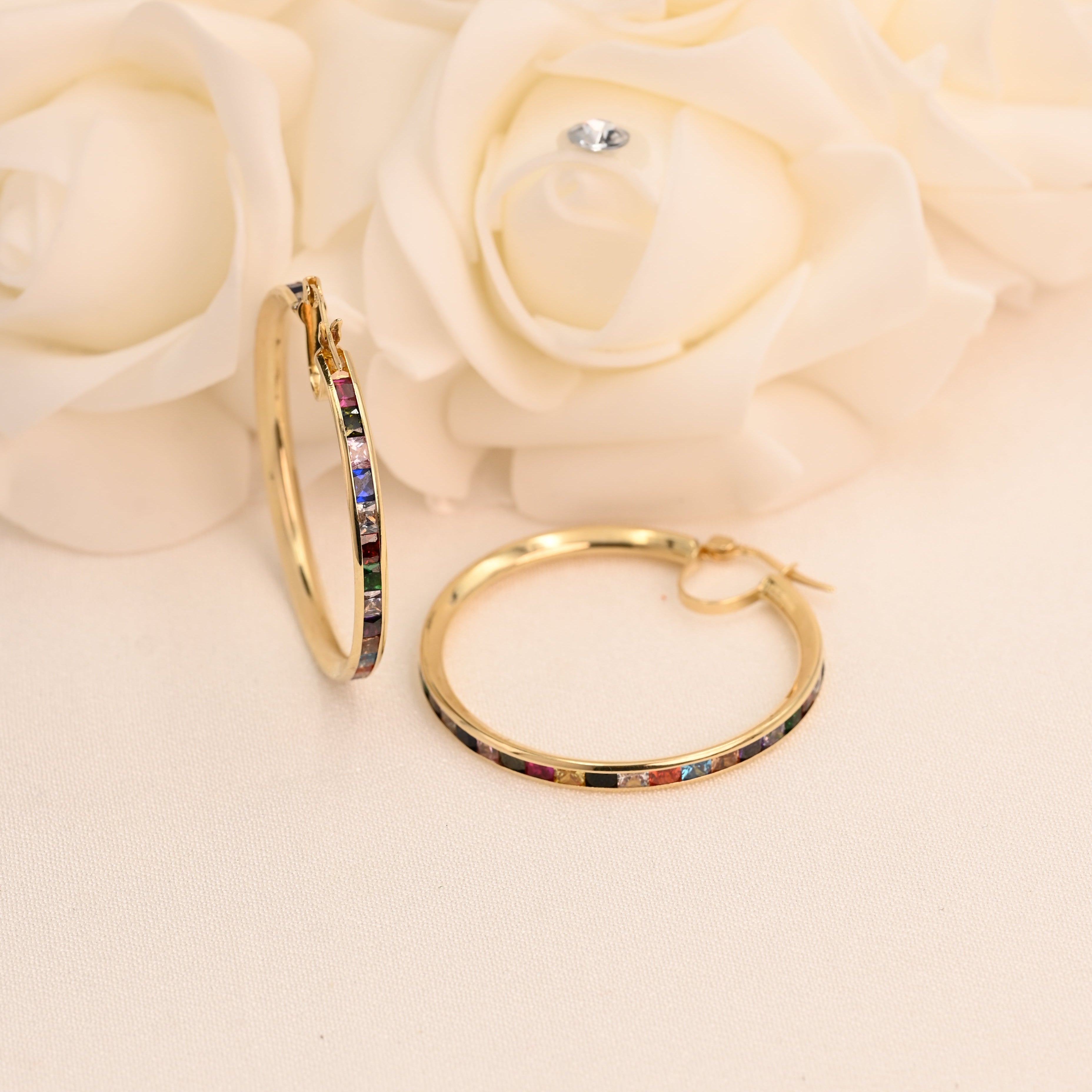 14k Rainbow Baguette Hoop Earrings