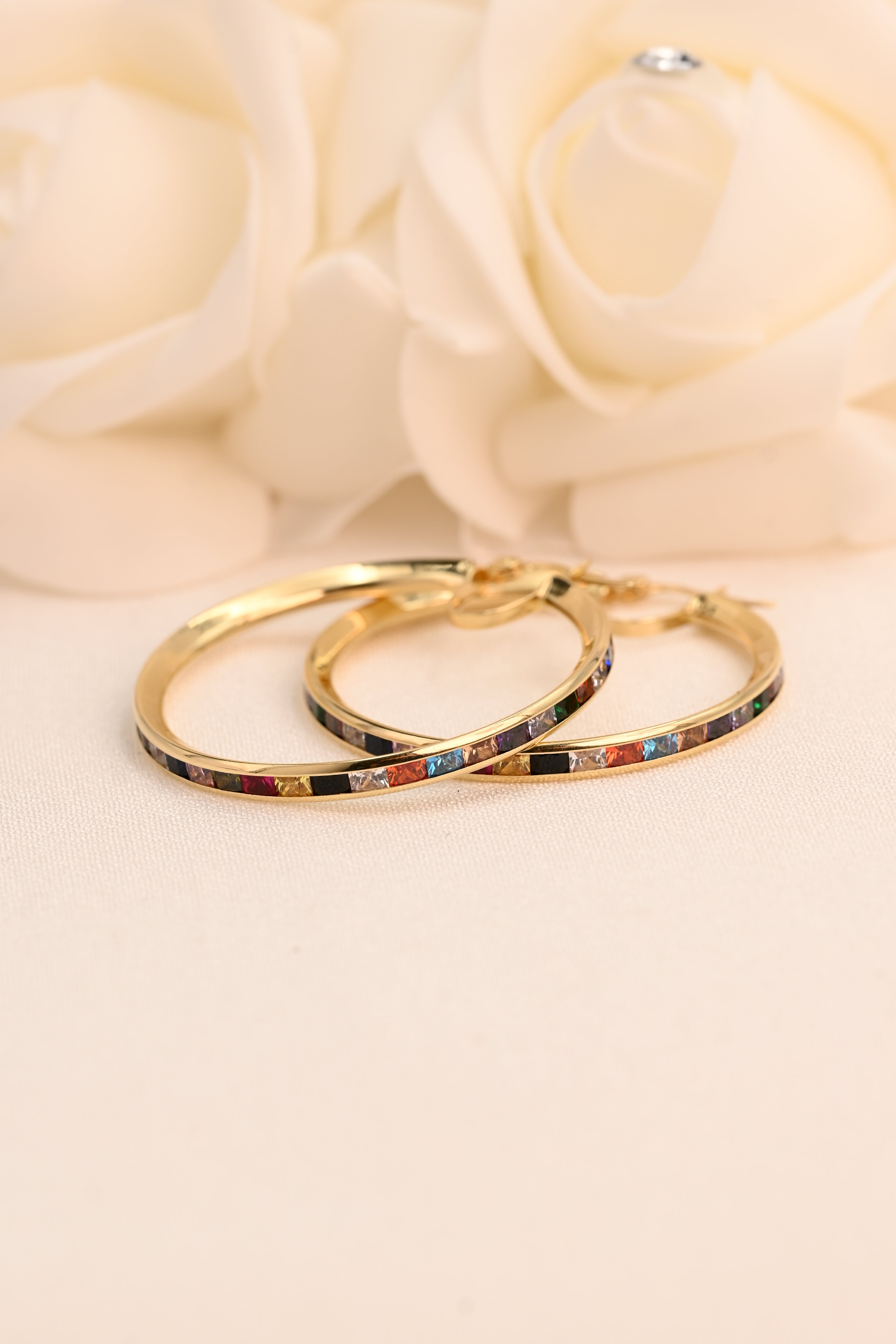 14k Rainbow Baguette Hoop Earrings