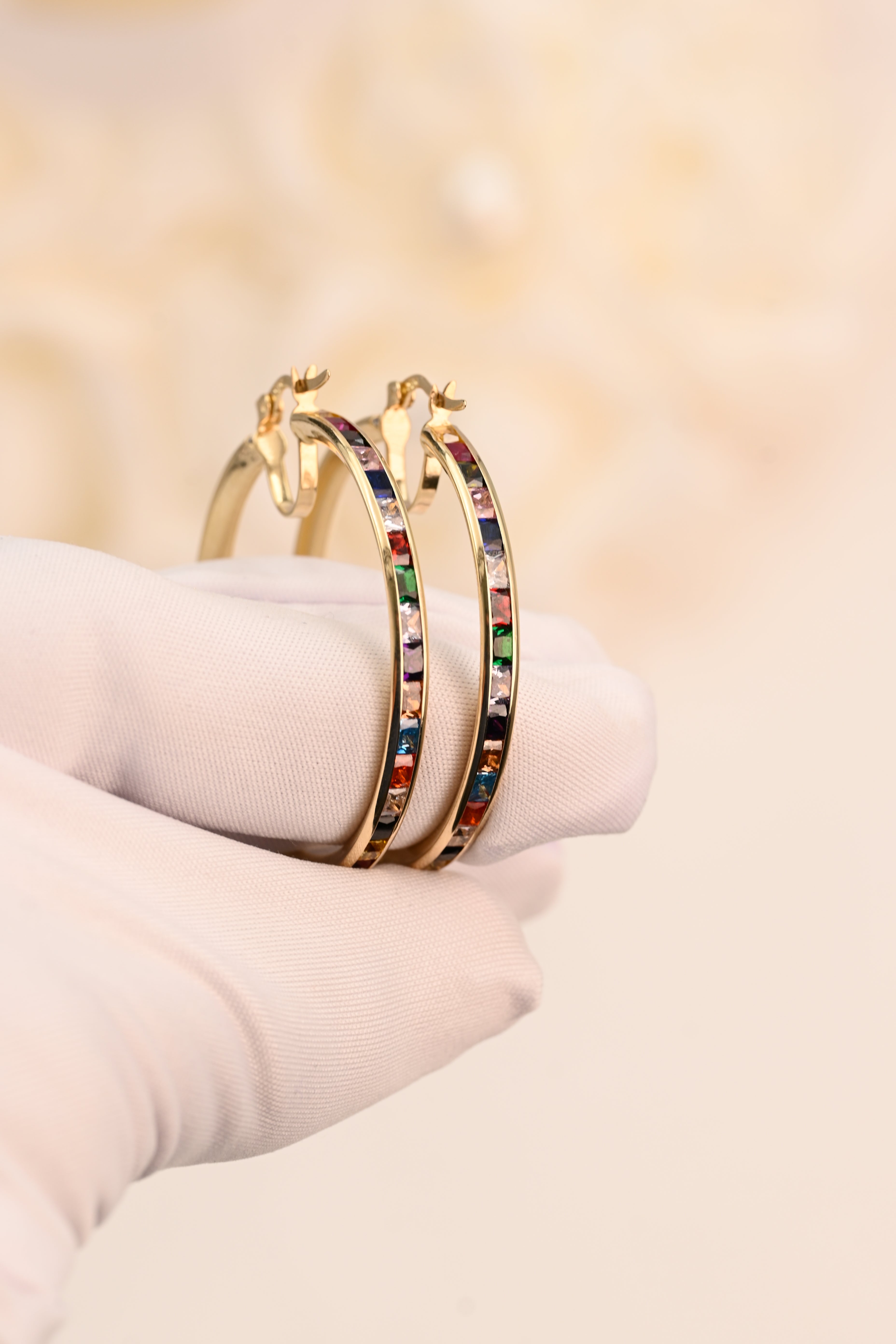 14k Rainbow Baguette Hoop Earrings