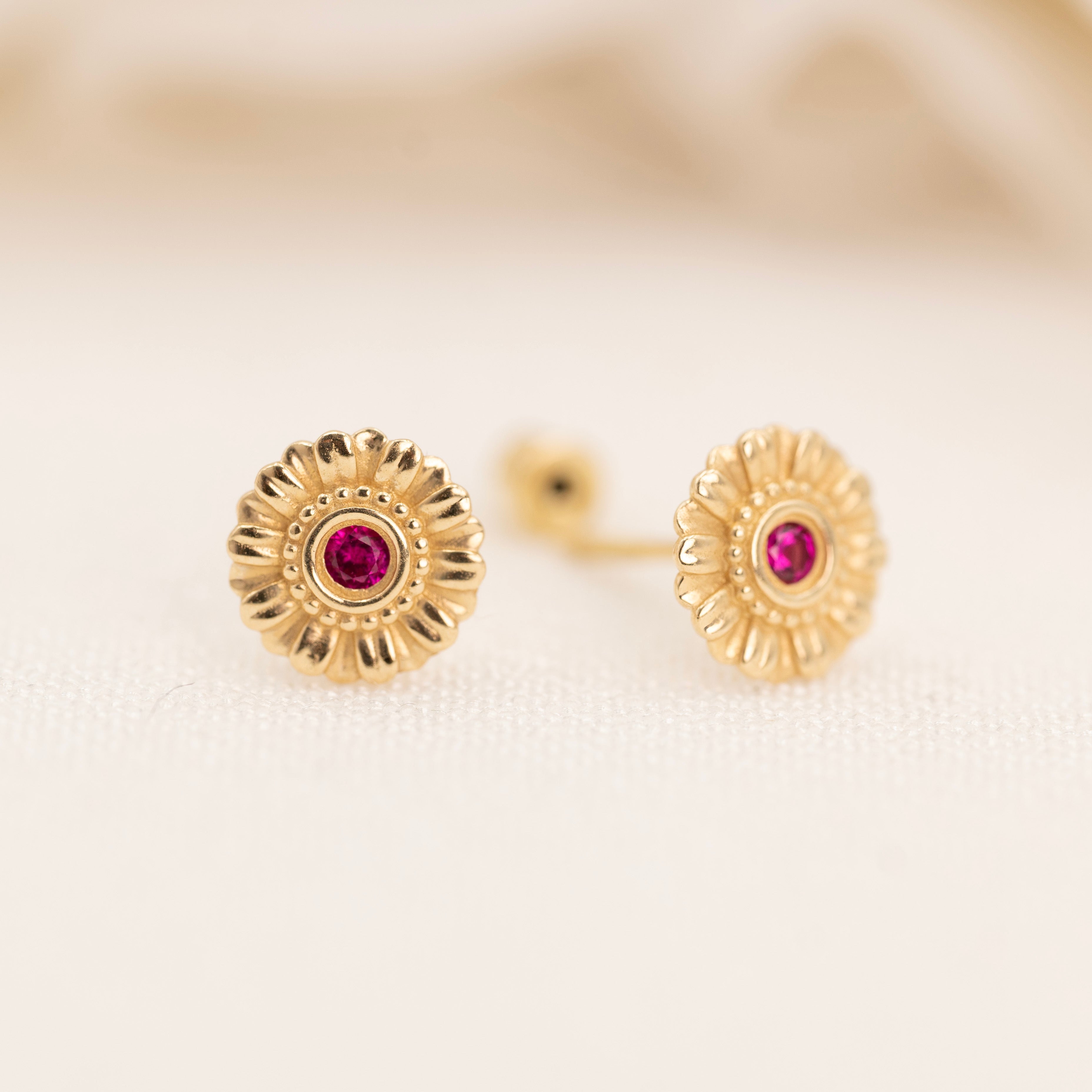14k Flower Ruby Stud Earrings