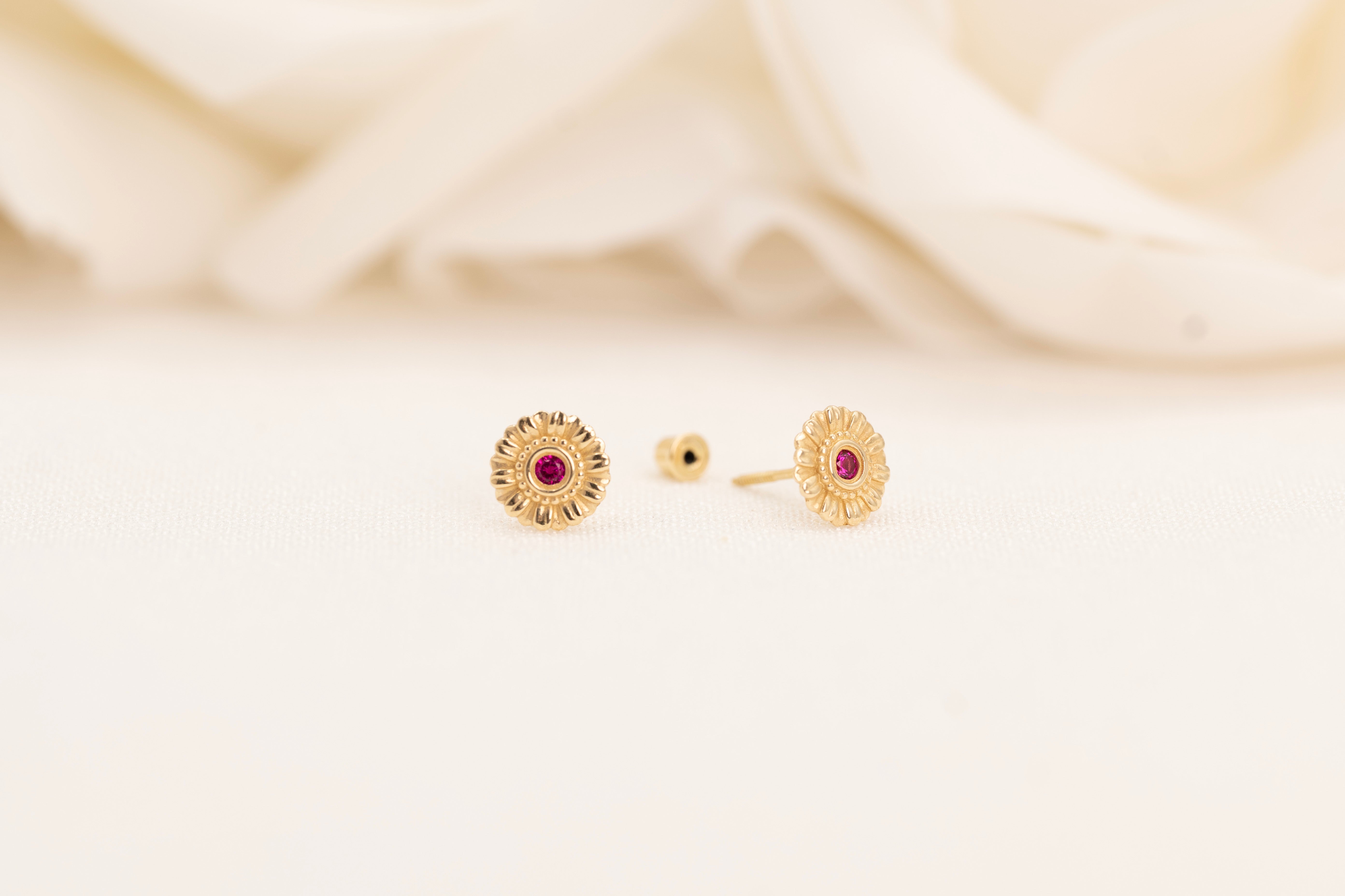 14k Flower Ruby Stud Earrings