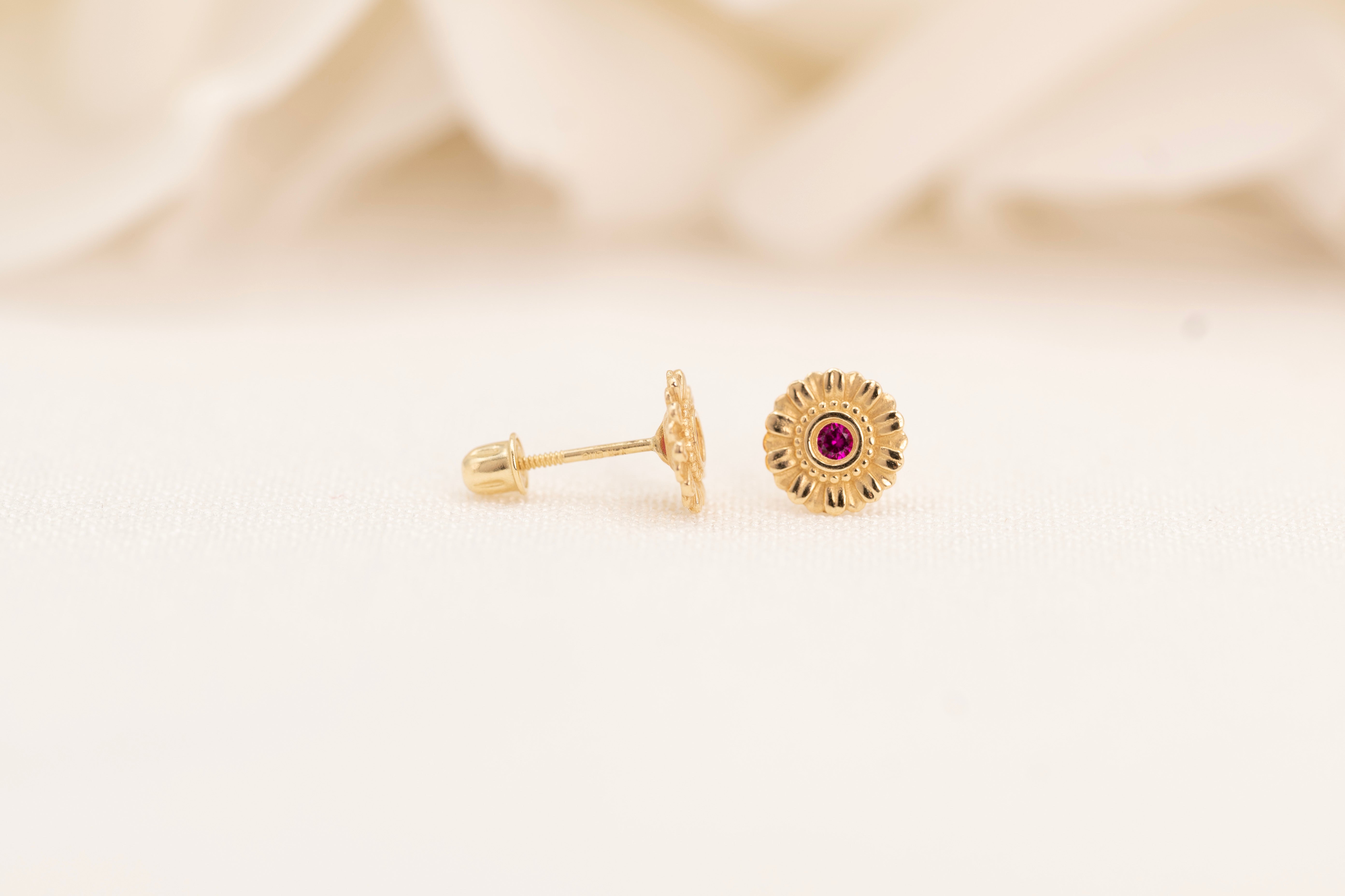 14k Flower Ruby Stud Earrings