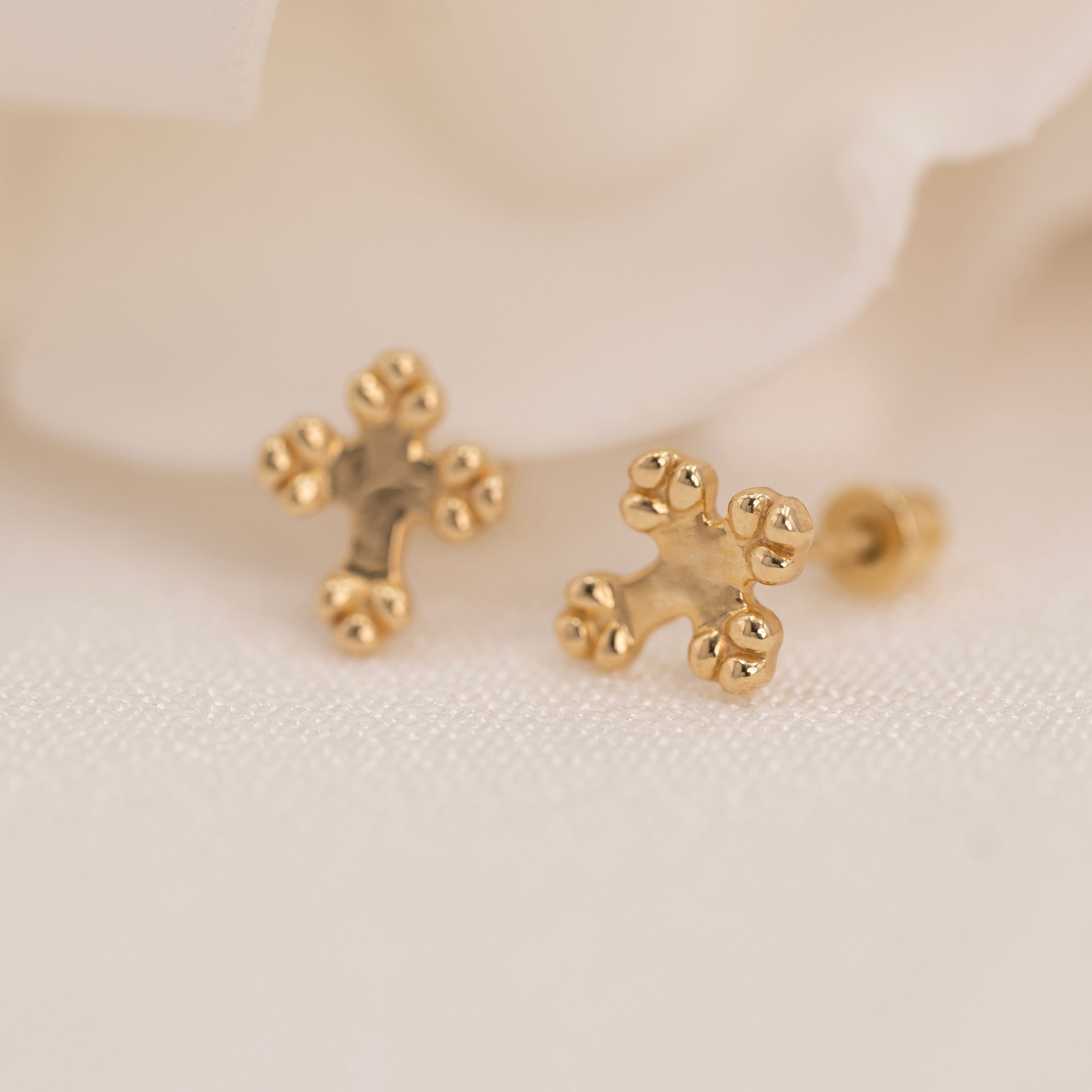 14k Beaded Cross Earring