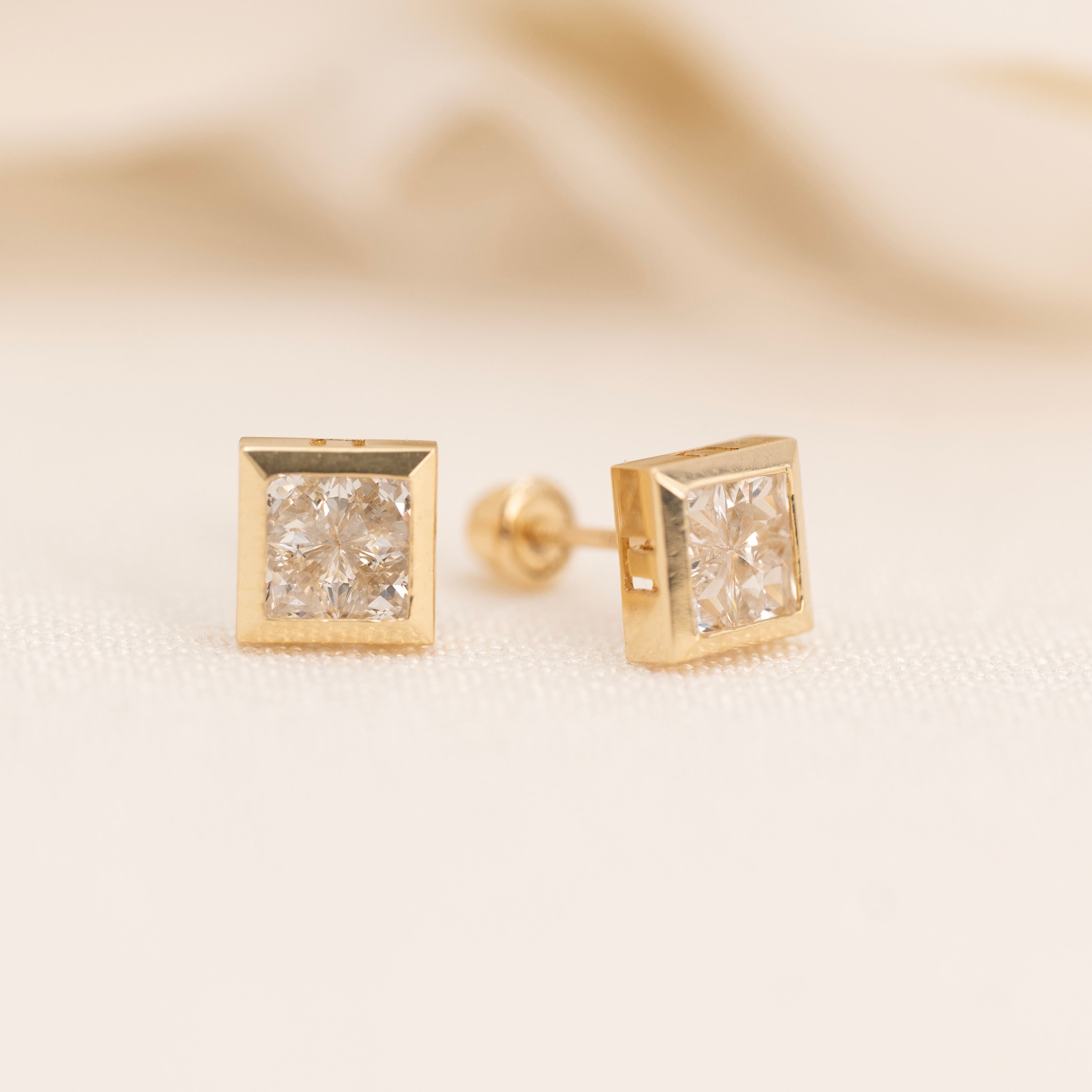 14k Square Bezel CZ Earrings