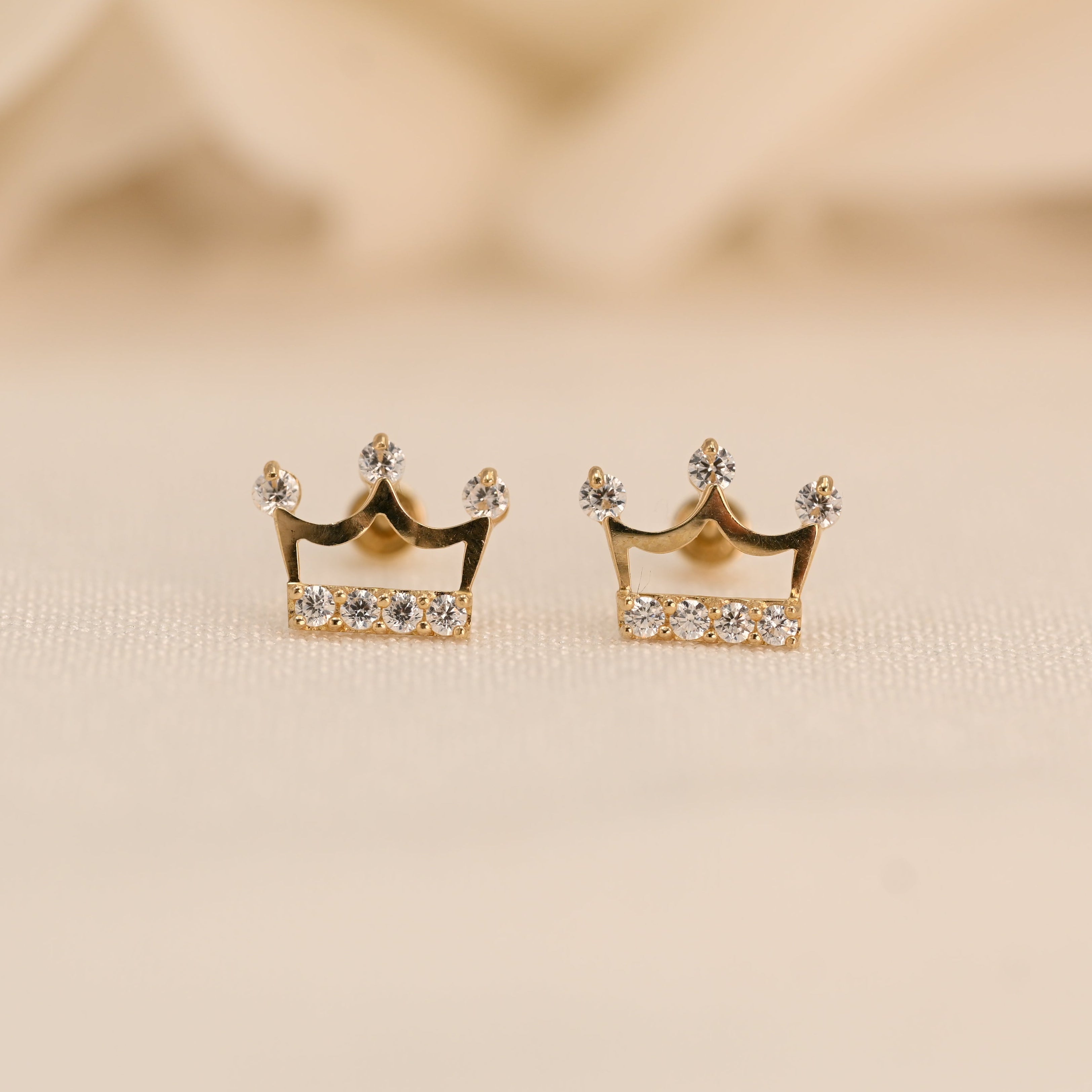 14K Gold CZ Crown Stud Earrings